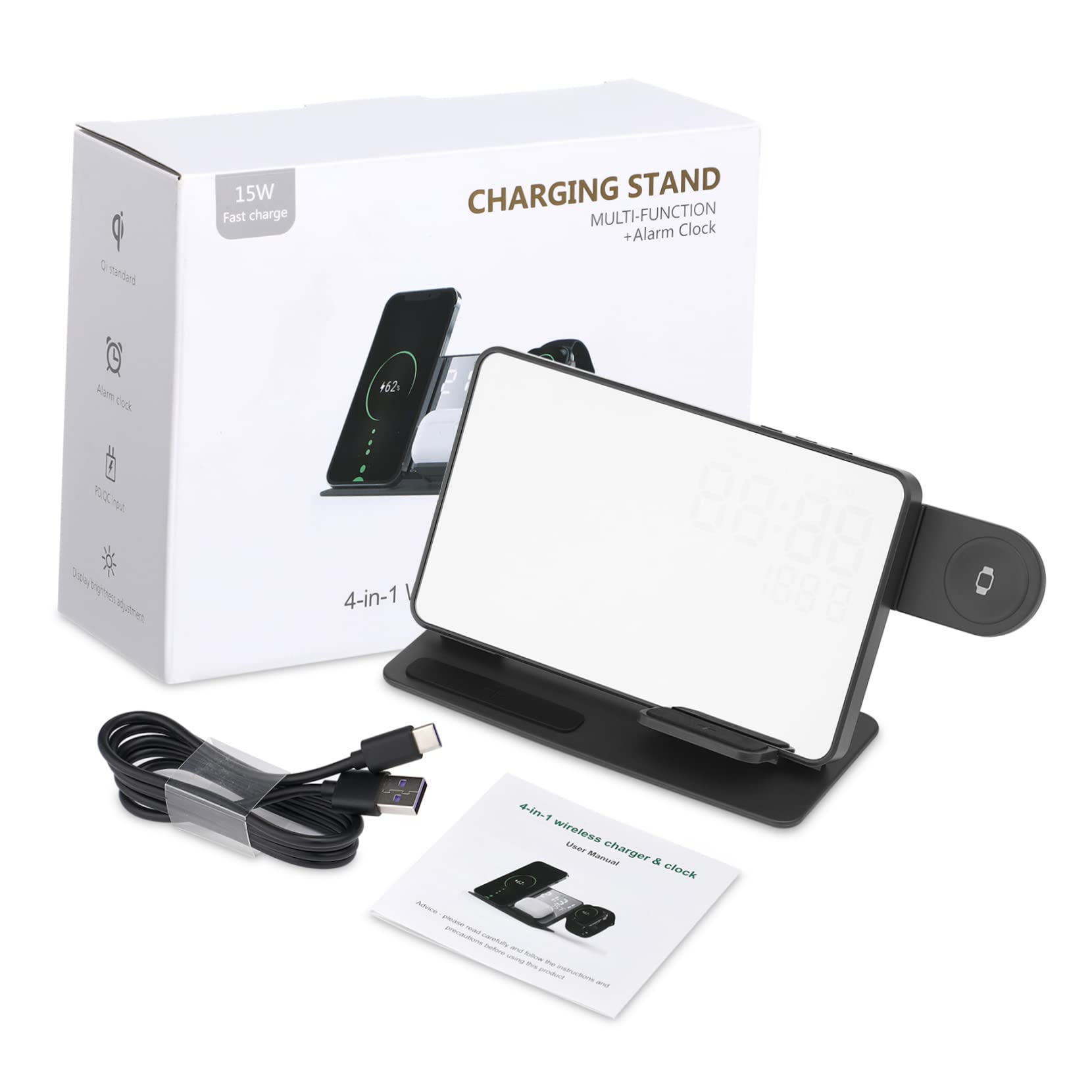 Station De Charge Rapide sans Fil avec Réveil Numérique LED Support Multifonction Compatible Montre Et Écouteurs