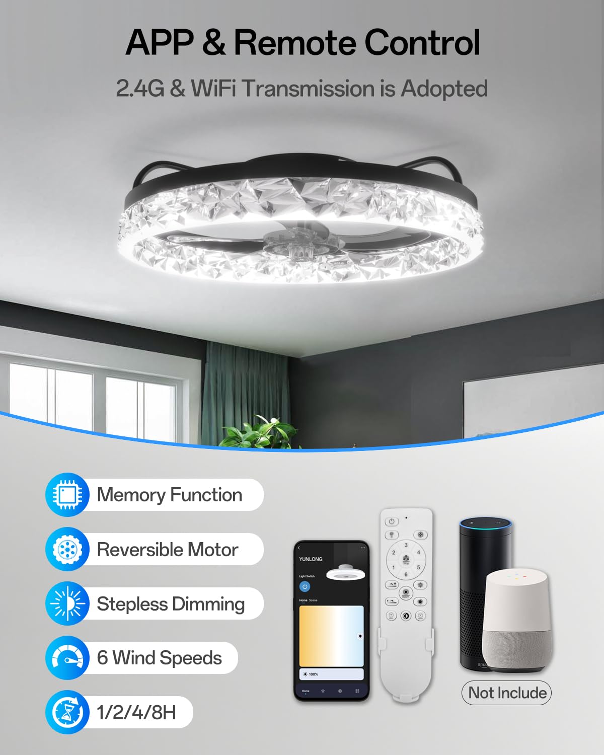 Inteligentna lampa sufitowa z wentylatorem WiFi, kompatybilna z Alexą i Google, possibility of dimming, 5 odwracalnych łopatek, czarna