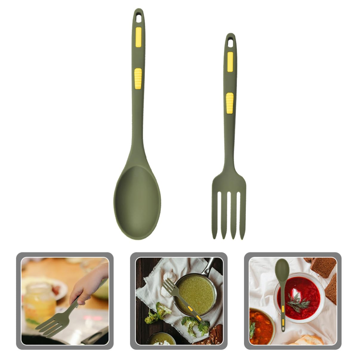 GALPADA Set 2 Pezzi Utensili da Cucina in Silicone Forchetta e Cucchiaio Bordi Lisci e Rotondi Resistenti al Calore per Mescolare e Camping