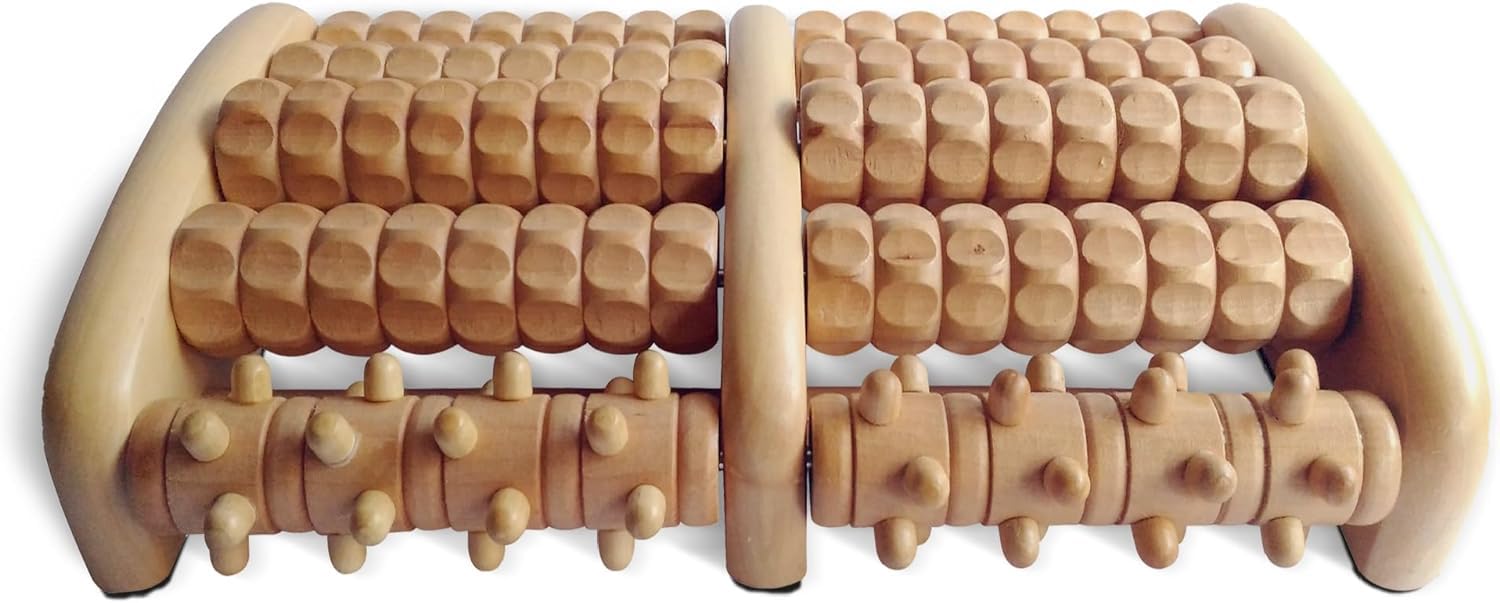 TheraFlow Large Dual Foot Massager (L) with Acupressure Rollers for Myofascial Release and Plantar Fasciitis Relief - Includes Foot Reflexology Chart and User Guide - Wood, L