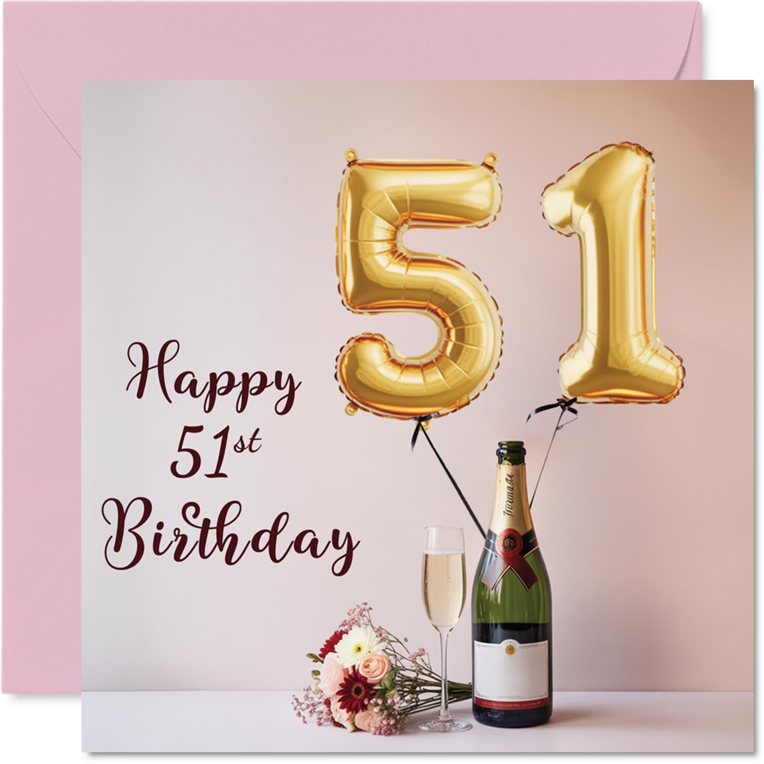 51st Birthday Cards for Women and Men, Balloons & A Bottle of Bubbly