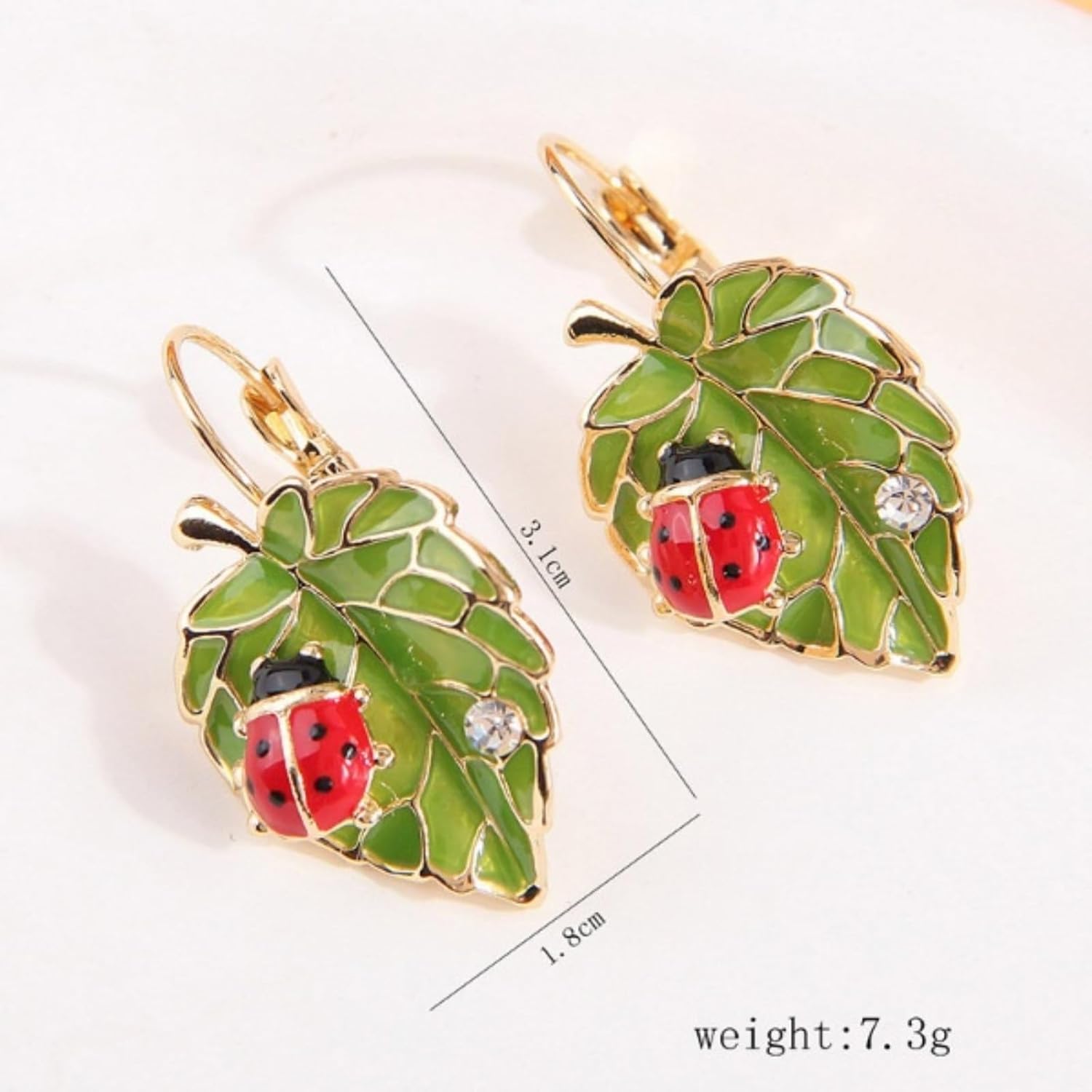 Bohemian Green Leaf Bug Ladybird Earrings for Women Lightweight Cute Insect Ladybug Leverback Earrings - Image 7