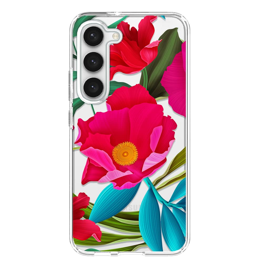 Blingy's for Samsung Galaxy S23 Plus Case, Cute Tropical Flower Design Stylish Floral Style Transparent Soft TPU Protective Clear Case 6.6 Inch (Big