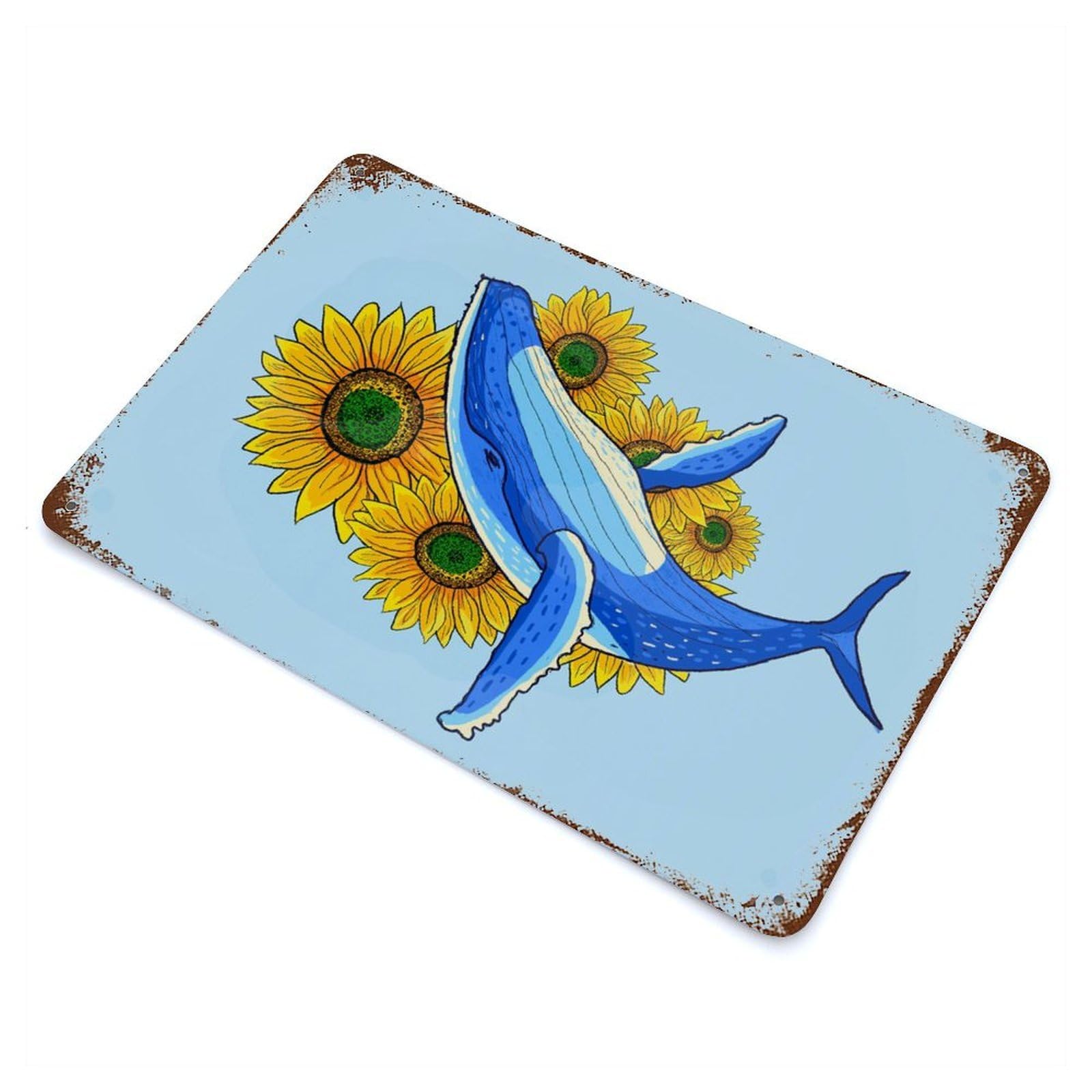 Humpback Whale And Flower Rusty Metal Tin Sign 11.8"x7.9", Classic Wall Plaque for Pub, Kitchen And Man Cave Decor