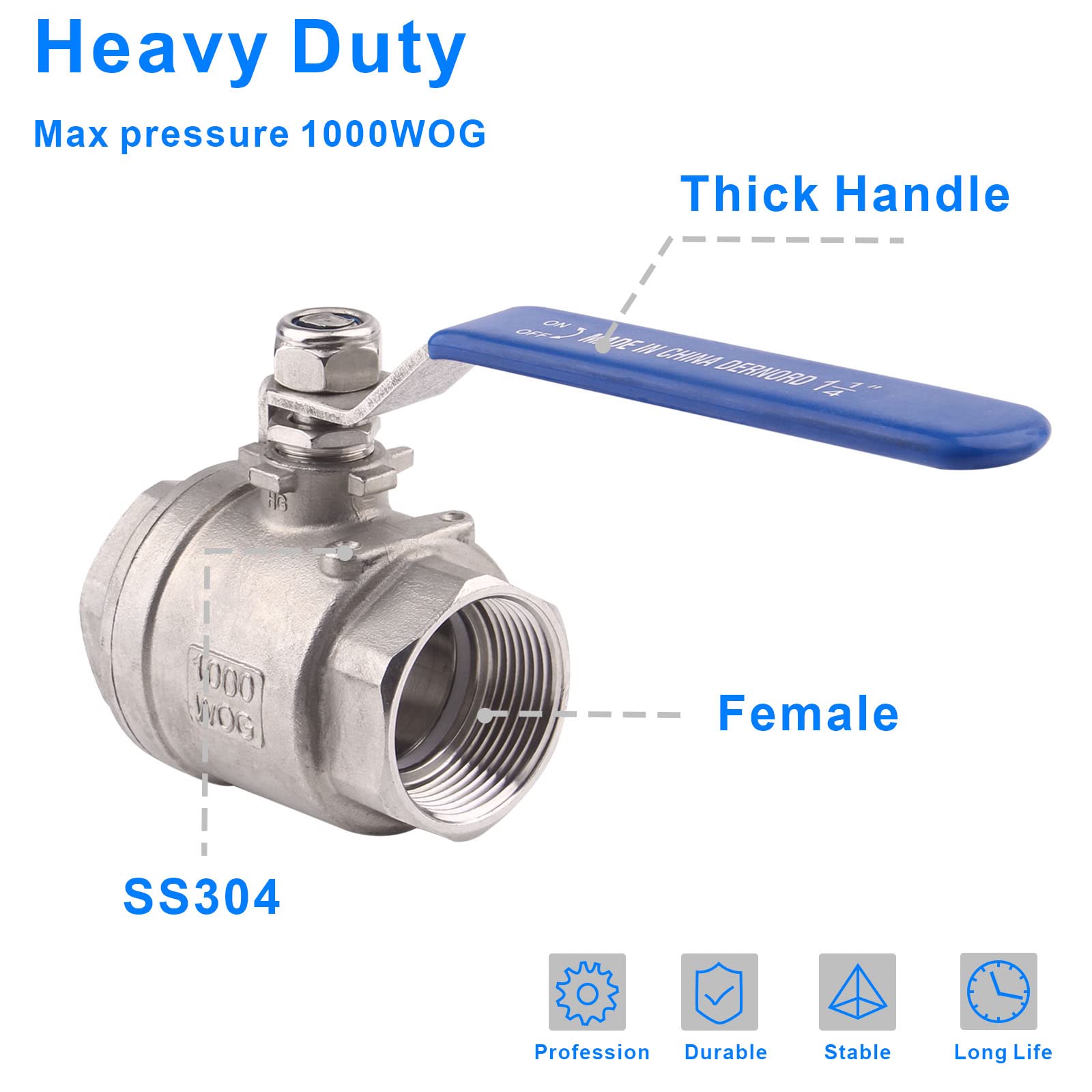 Robinet à Boisseau Sphérique En Acier Inoxydable SS 304 BSP - Avec Filetage Intérieur - Vanne Sphérique Avec Poignée à Levier - Commande Manuelle Marche/arrêt - Port Réduit (3/4
