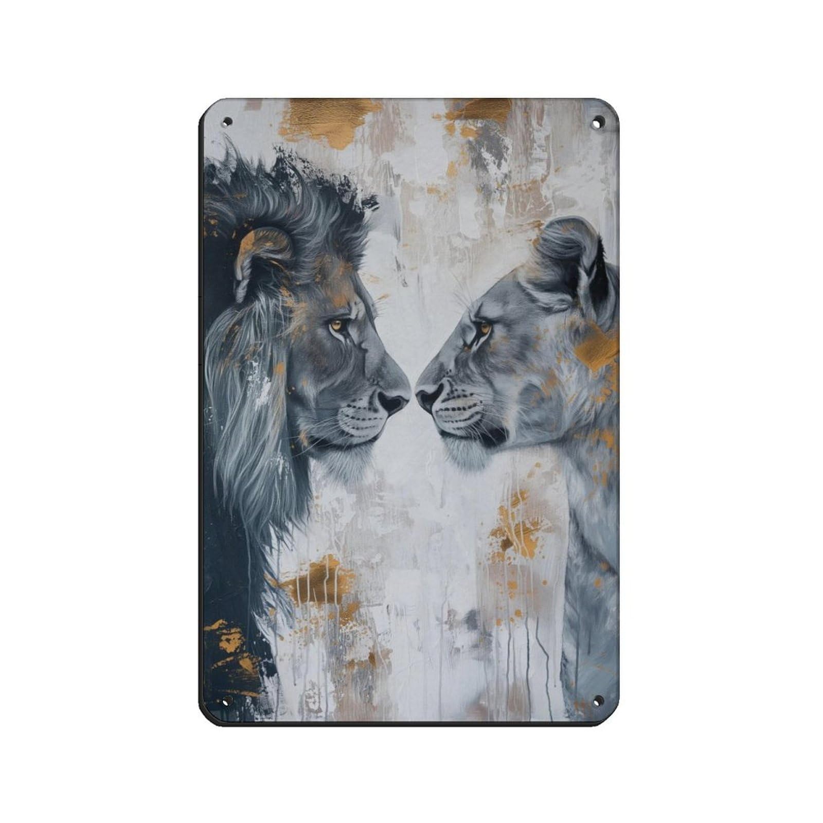 Lion And Lioness Staring at Each Other, Couple Art Tin Sign Vintage Metal Pub Club Cafe Bar Home Wall Art Decoration Poster Retro 8x12inch(20x30cm)