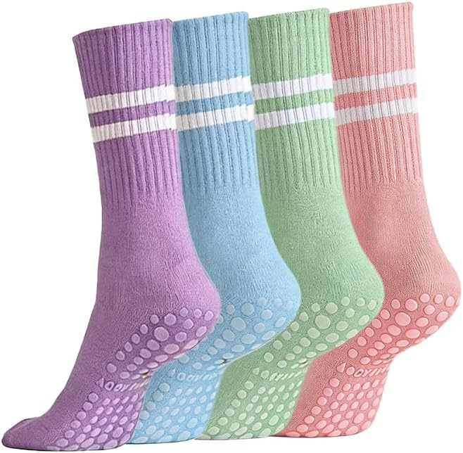 DandyChic Pilates Socks for Women with Grips 4 Pairs Non-slip Socks Athlete Crew Socks for Yoga ，Ballet，Dance