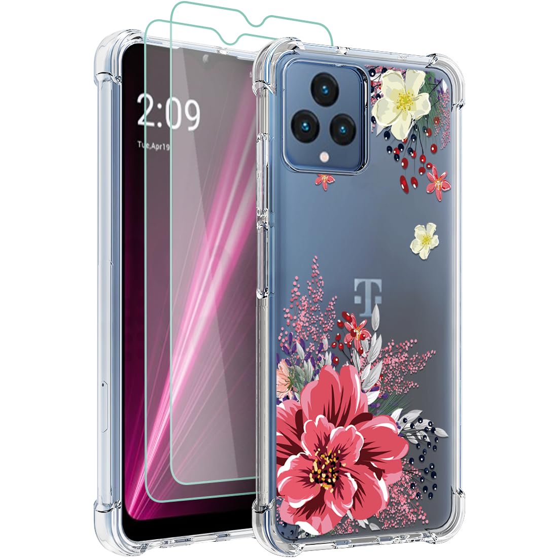 Osophter for T-Mobile Revvl 6 5G Case,Revvl 6X 5G Case Flower Floral for Girls Women with 2pcs Screen Protector Shock-Abso...