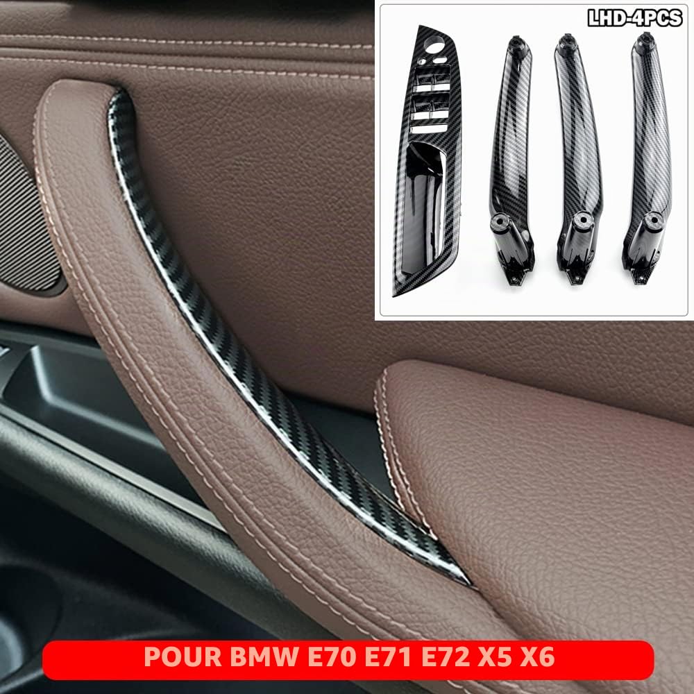 Lot de 4 poignées de porte intérieures en ABS pour voiture, panneau intérieur, housse de protection de tirage, accoudoirs compatible avec B-MW E70 E71 E72 X5 X6 2007-2014 - Fibre de carbone