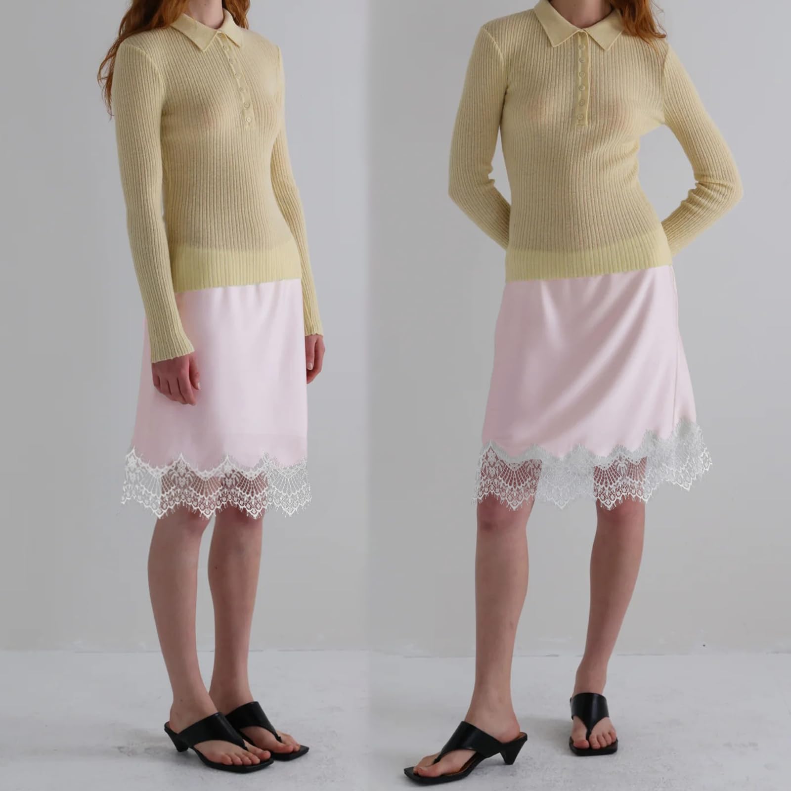 Sexy Outfit Damen-Halbslip aus Satin mit Spitzenbesatz, elastischer Taille, kurzer Unterrock, Petticoat für Unterkleider, weicher Slip-Rock in den britischen Größen 6–24