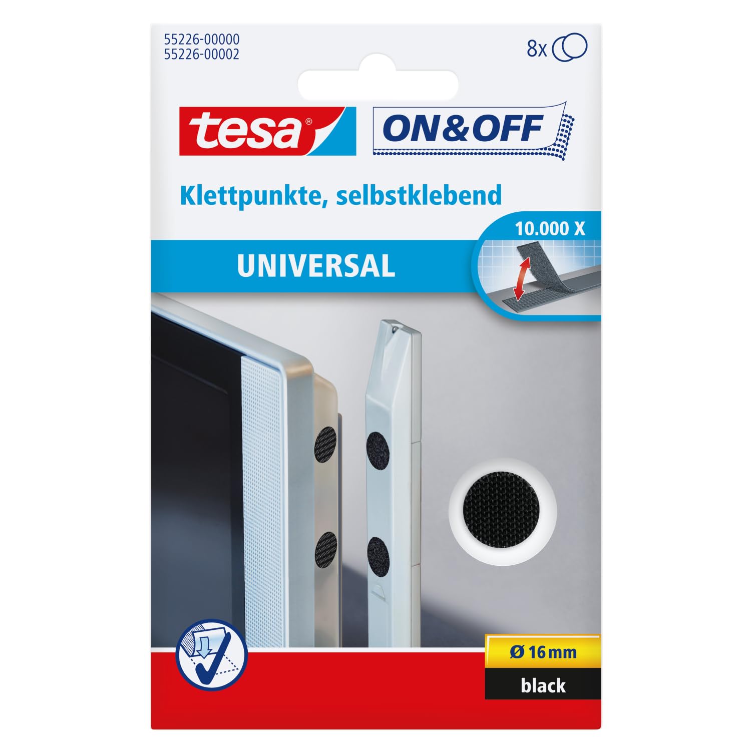 tesa® On & Off Hook and Loop Stick On Coins - Sticky Dots - Adhesive Dots for Attaching Light Objects - 16 mm - Pack of 8 - Black