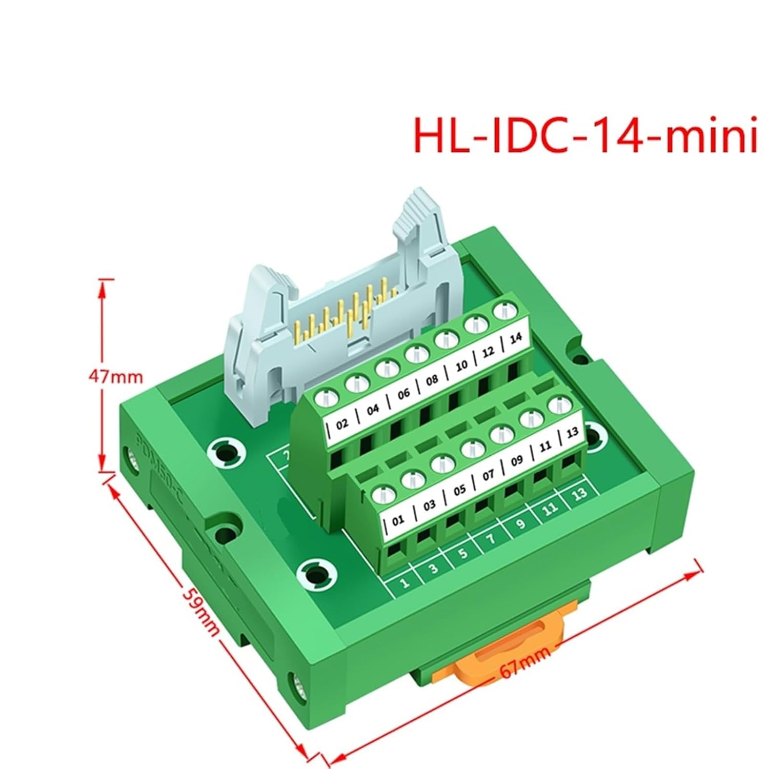 Terminal Block for PLC IDC14 Male 14Pin Turn Terminal Block Breakout Board Idc14 Connector DIN Rail Mounting(HL-IDC14-mini type1)