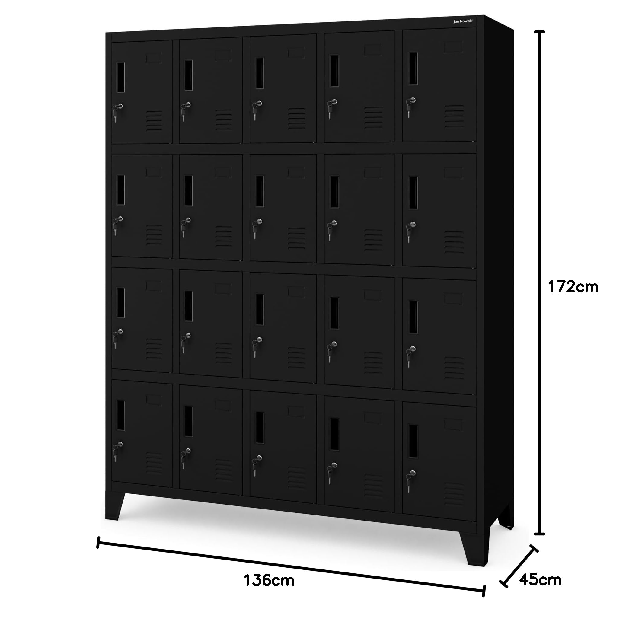 Jan Nowak Umkleideschrank 5B4A Fächerschrank Schließfachschrank mit 20 Fächern Wertfachschrank Metall Pulverbeschichtung 172 cm x 136 cm x 45 cm (H x B x T) (Schwarz)