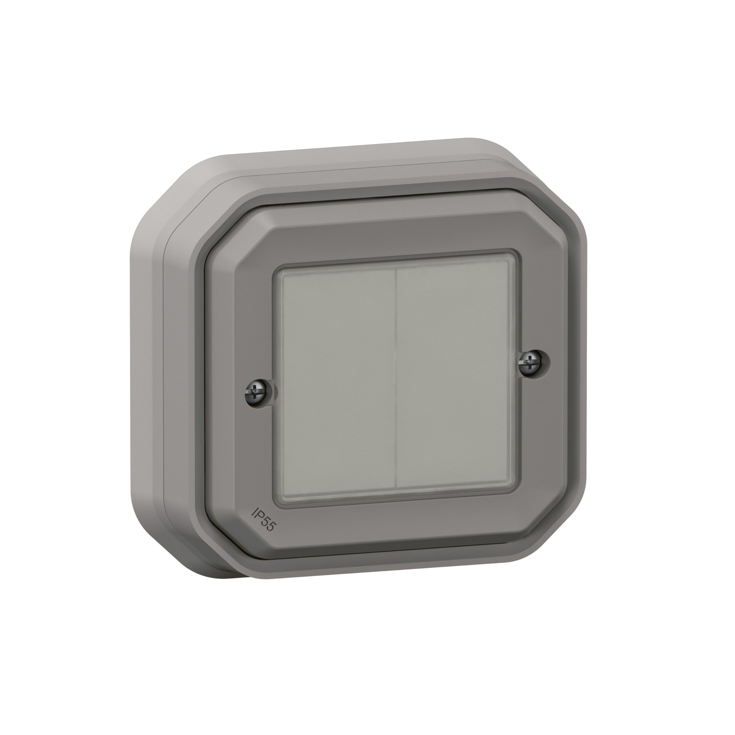 LEGRAND, Plexo New Feuchtraum-Connected-Smart-Home-Doppelschalter, Wandsender, Aufputz-Schalter, An-Aus, batteryless technology, Home+Control-App, IP55 - IK07 wasser- und stoßfest, Grau, 069819L