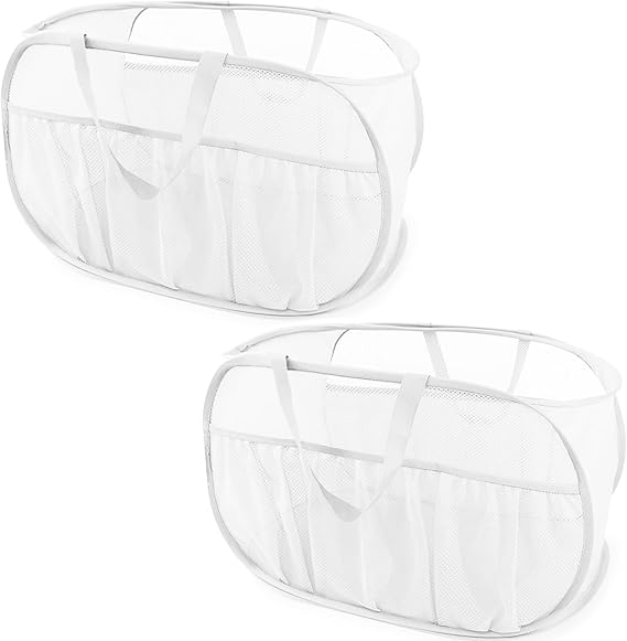 2 Pack Collapsible Laundry Baskets, Upgrade Pop Up Laundry Hamper with Convenient Bags, Foldable Laundry Basket Mesh Light Weight, Easy to Carry Clothes Hampers for Laundry, Dorm, Toys, Travel Grey