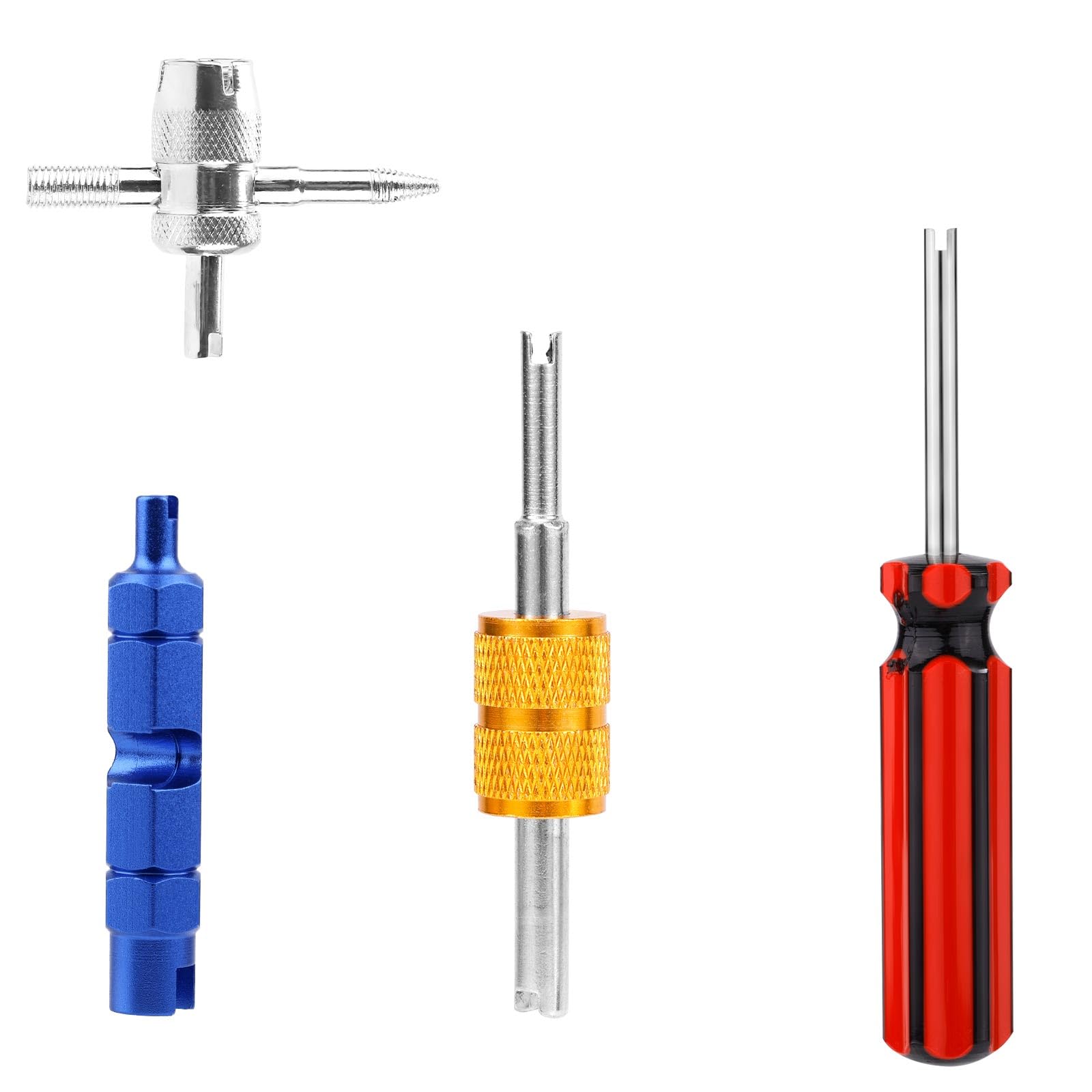 4 Pcs Tire Valve Repair Tool Set, Dual & Single Head Valve Core Remover Wrench 4 Way Stem Puller Stem Core Wrench Remover Kit for All Standard Valves