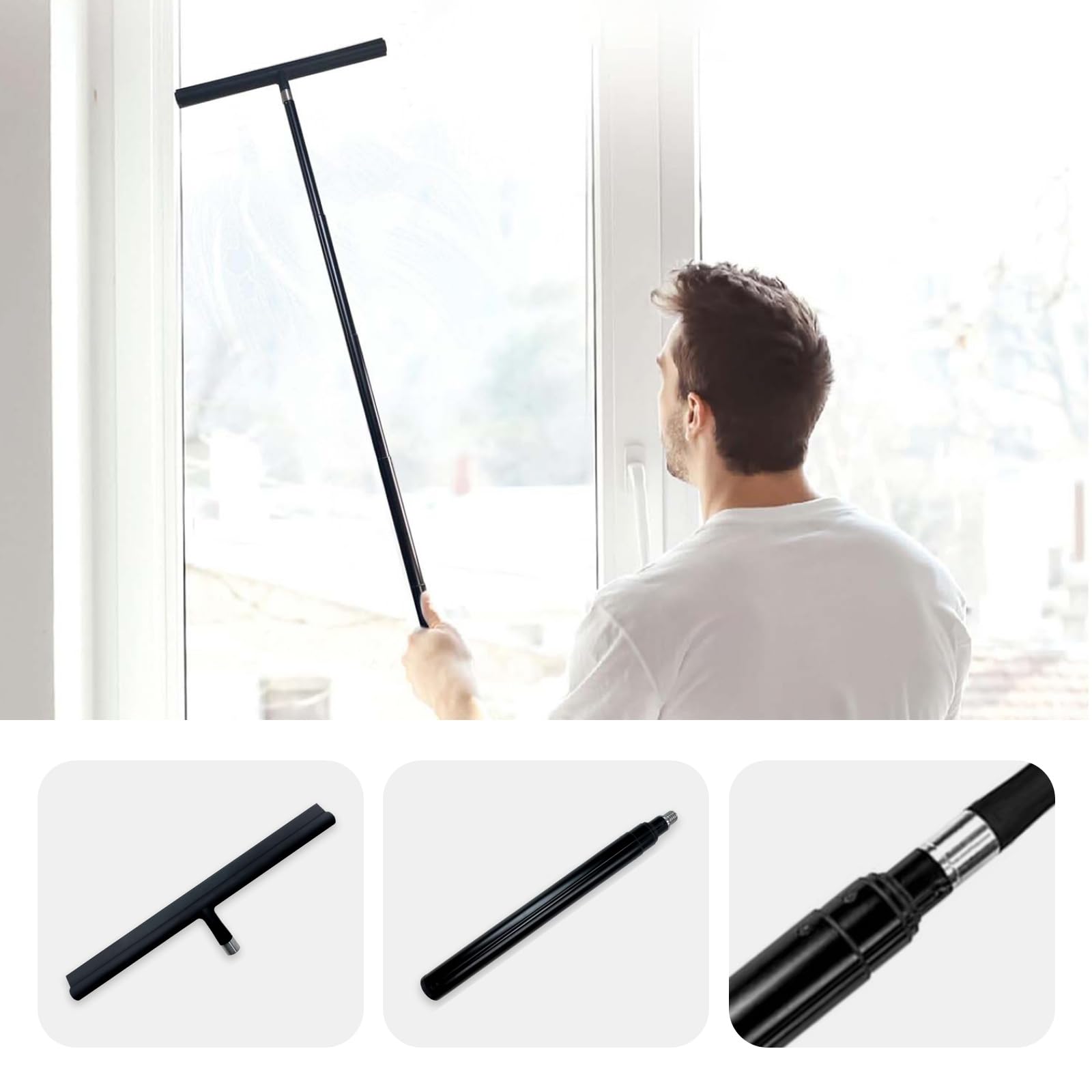 Escobilla de ducha telescópica negra para puertas de cristal, paredes de ducha de azulejos y baño, 13.19 x 43.13 pulgadas, incluye gancho de succión, escobilla ideal para cristal de ducha