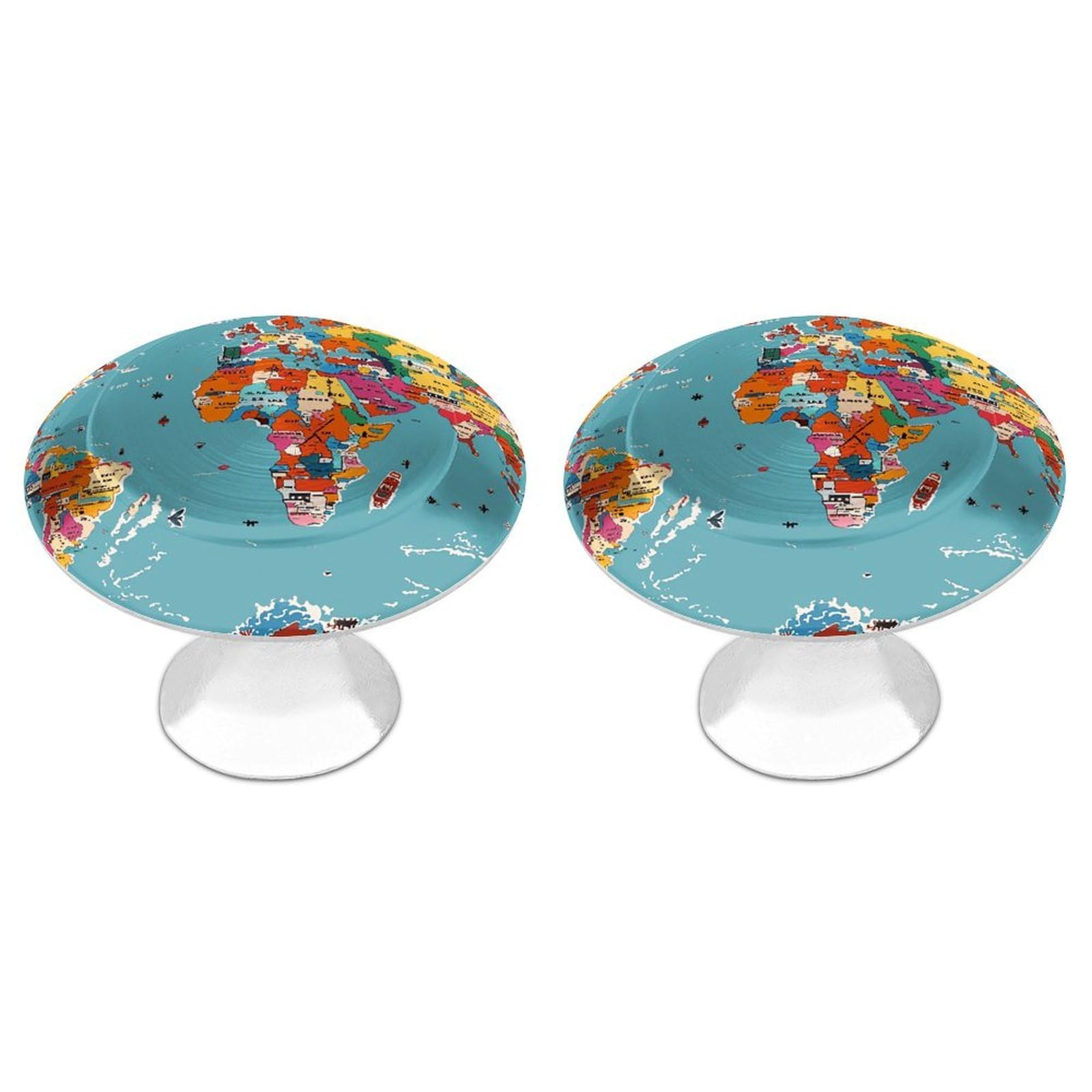 QMNLKH World Map Pattern Cabinet Knobs for Home, Round Drawer Pulls for Kitchen, Personalized Cupboard Handles with Screw, Fashion Dresser Knobs for Office, Drawer Handles, 2 Packs