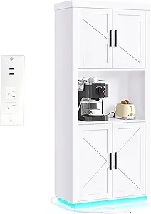 DWVO Kitchen Pantry Cabinet, Modern 71" Tall Kitchen Pantry Hutch Storage Cabinets with Lights & Charging Station & Microwave Stand for Living & Dining Room or Hallway, White