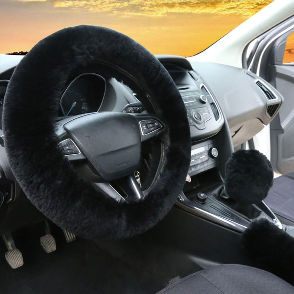 3Pcs Set Womens Winter Fashion Wool Fur Soft Furry Steering Wheel Covers Black Fluffy Handbrake Cover Gear Shift Cover Fuzz Warm Non-slip Car Decoration Long Hair
