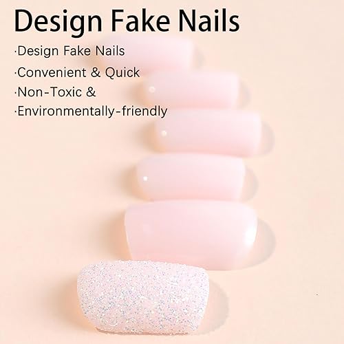 Miniatura 3 de SWEKKE - Uñas postizas cuadradas cortas a presión, color rosa, de cobertura completa, uñas acrílicas brillantes con purpurina, lindas uñas postizas