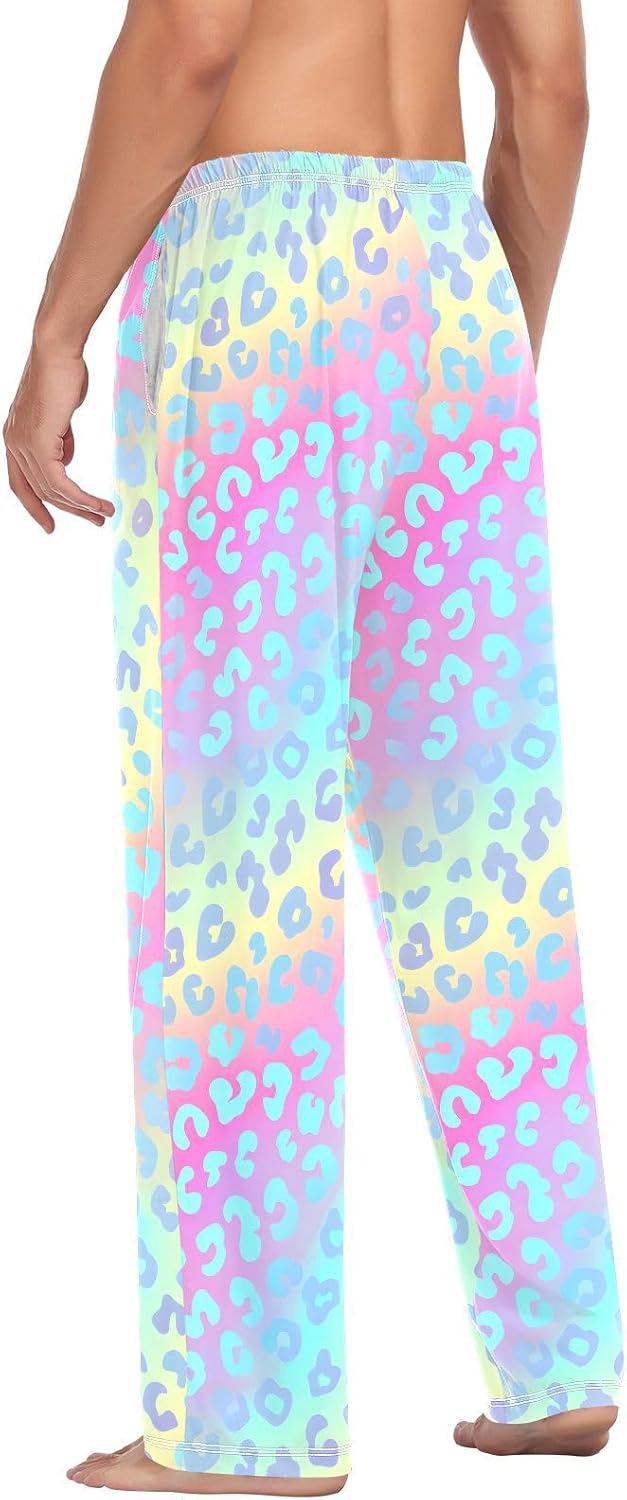 ALAZA Blue Cheetah Print Leopard Rainbow Men's Pajama Pants Men Cotton Pajama Bottoms with Pockets, S