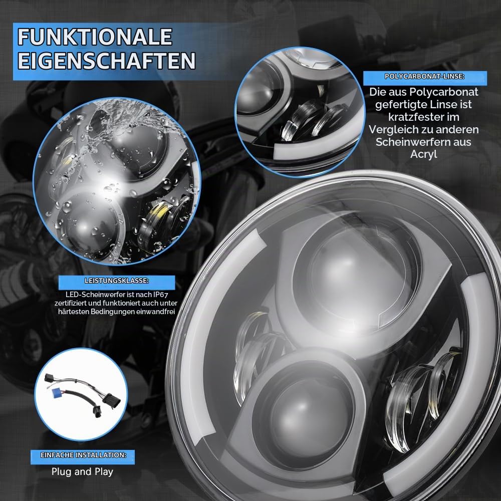 DREAMIZER 7 Zoll LED Motorrad Scheinwerfer E-geprüft mit weißem Tagfahrlicht Angel Eye Bernstein Blinker Kompatibel mit Harley Road King Street Glide Softail Electra Glide J-eep Wrangler JK TJ