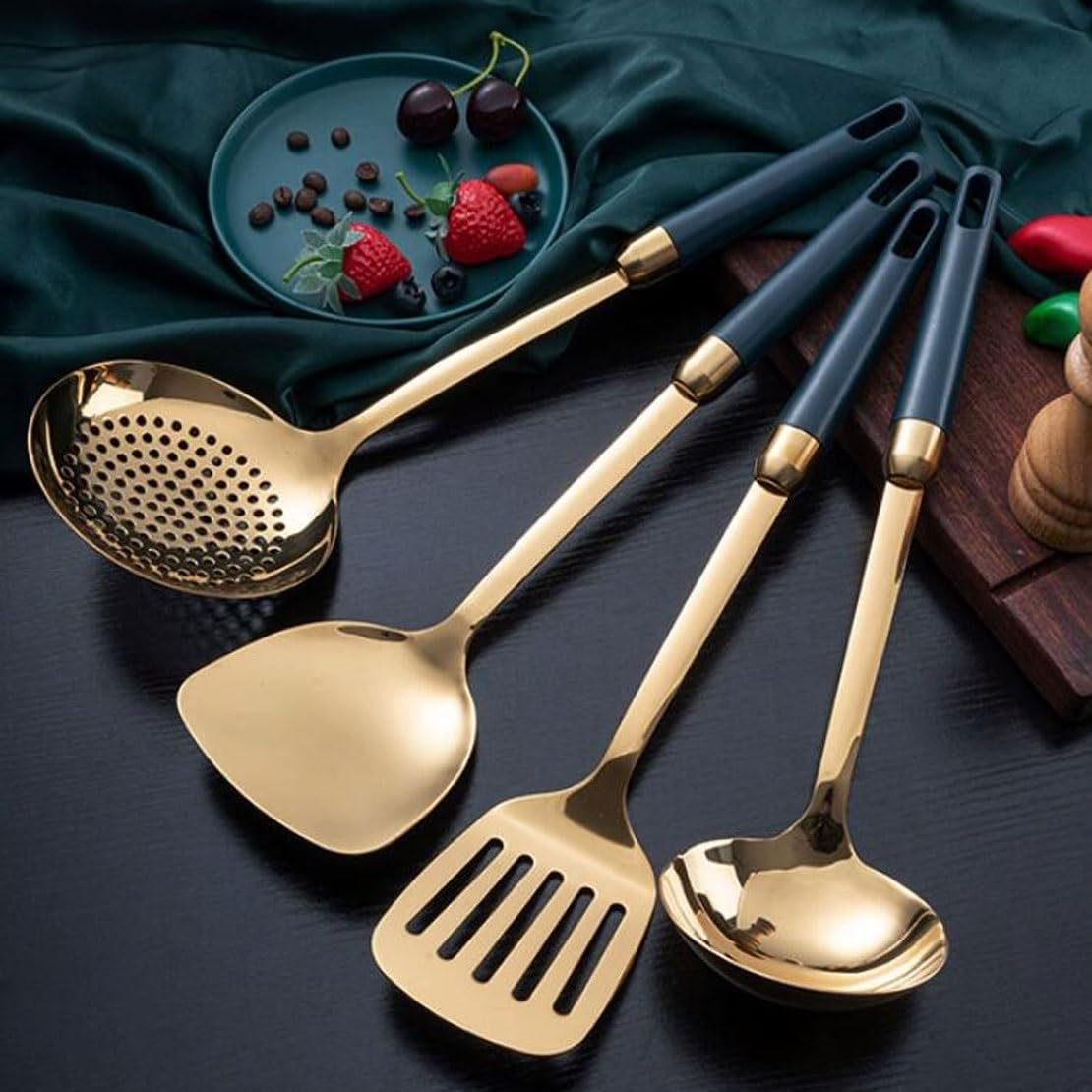Pfannenwender aus Edelstahl 304, Löffel, 4-teiliges Set, Küchenutensilien, Ablasslöffel, Gadgets aus Holz