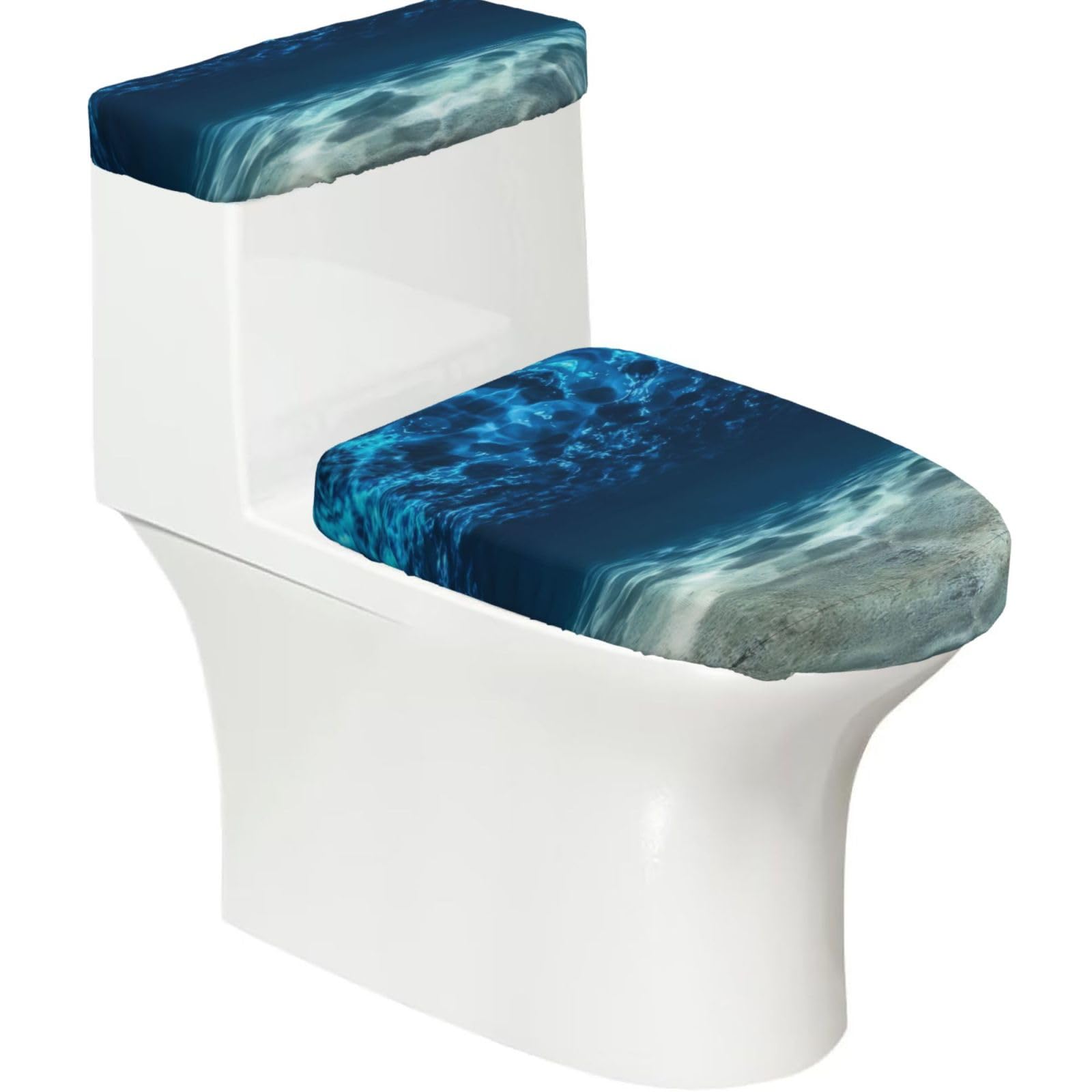 Blue Ocean Sea 2-Piece Toilet Seat Cover Set with Tank Lid, Elastic Fit for U-Shape & Elongated Toilets, Bathroom Decor, Housewarming Gift