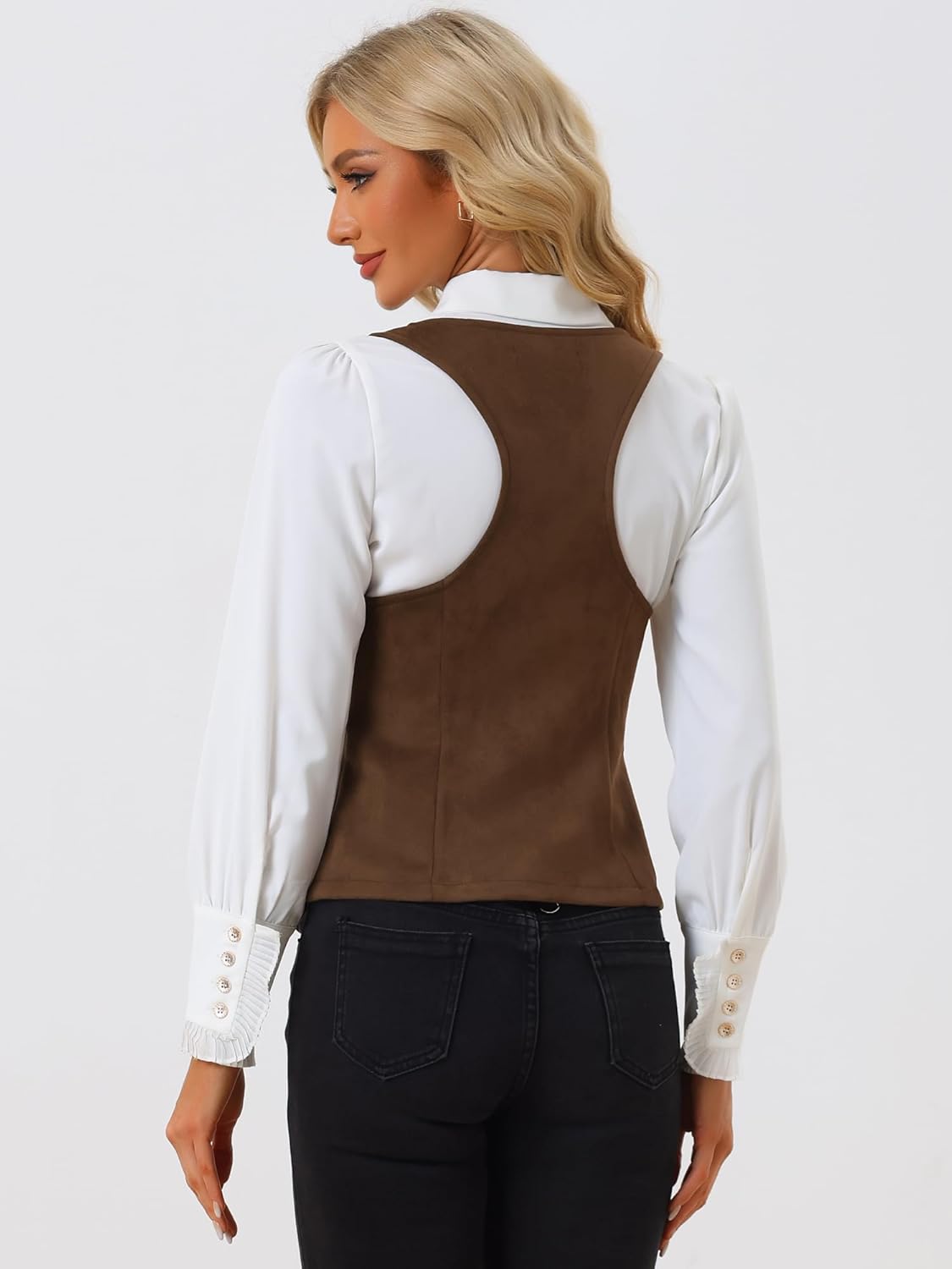 Allegra K Vest for Women's Plaid Button Down Sleeveless Faux Suede Panel Dressy Waistcoat for Blazer - Image 3