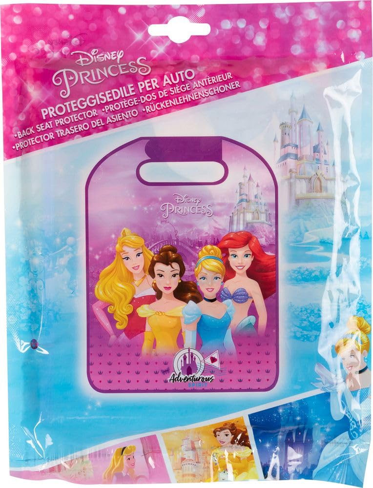 Protector de Asiento Coche Universal | Disney Princesas | Fácil de Fijar con Velcro | Gráficos de Ariel y Bella | PVC Lavable | Niños, Rosa, Cloruro de Polivinilo