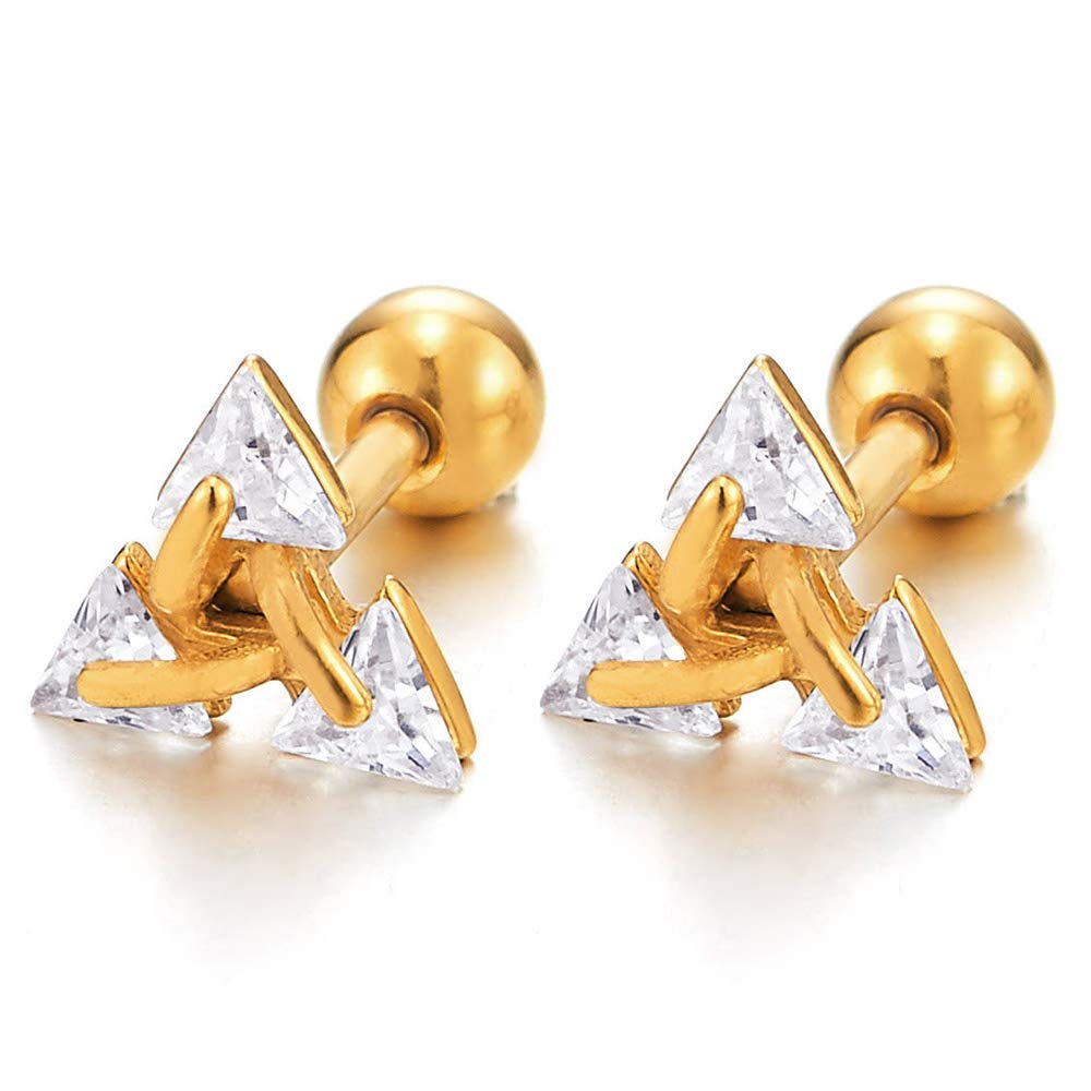 Stainless Steel Triangle Cubic Zirconia Stud Earrings for Men Women, Screw Back Post, 2pcs