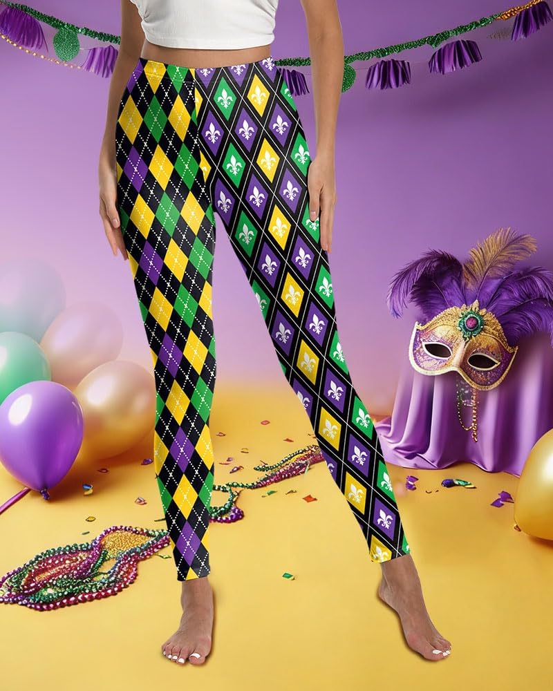 Eciodci Women's Mardi Gras Leggings 3D Printed Mask Fleur De Lis High Waist Stretchy Carnival Party Tight Pants for Women - Image 3