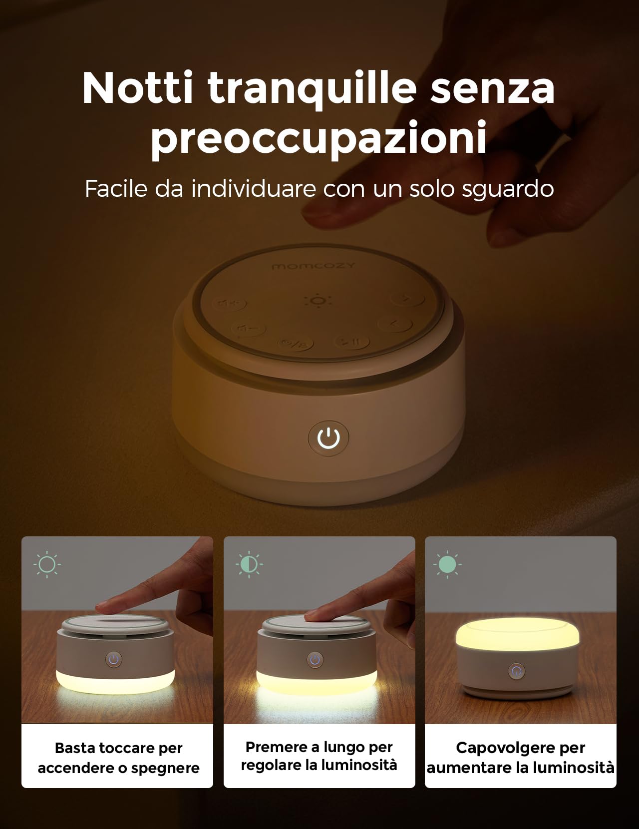 Momcozy Macchina per il rumore per bambini – 20 suoni calmanti e luce tattile, portatile rumore bianco per bambini e adulti, timer per addormentarsi e promemoria | Compagno di viaggio ideale (giallo)
