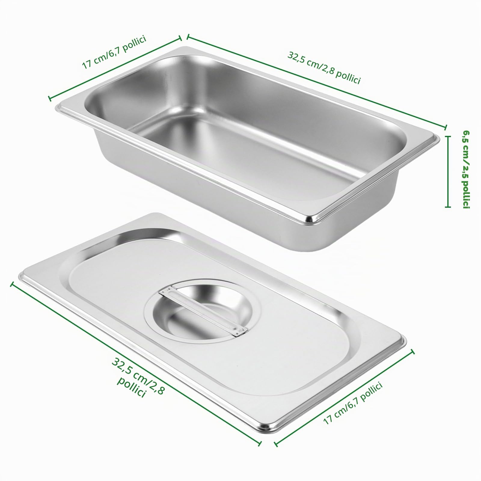 Panierset in acciaio inox, 4 pezzi, 32,5 x 17,5 x 6,5 cm, contenitore GN 1/3 con coperchio, ciotole in acciaio inox, contenitori rettangolari per gastronorm, contenitore per cotolette