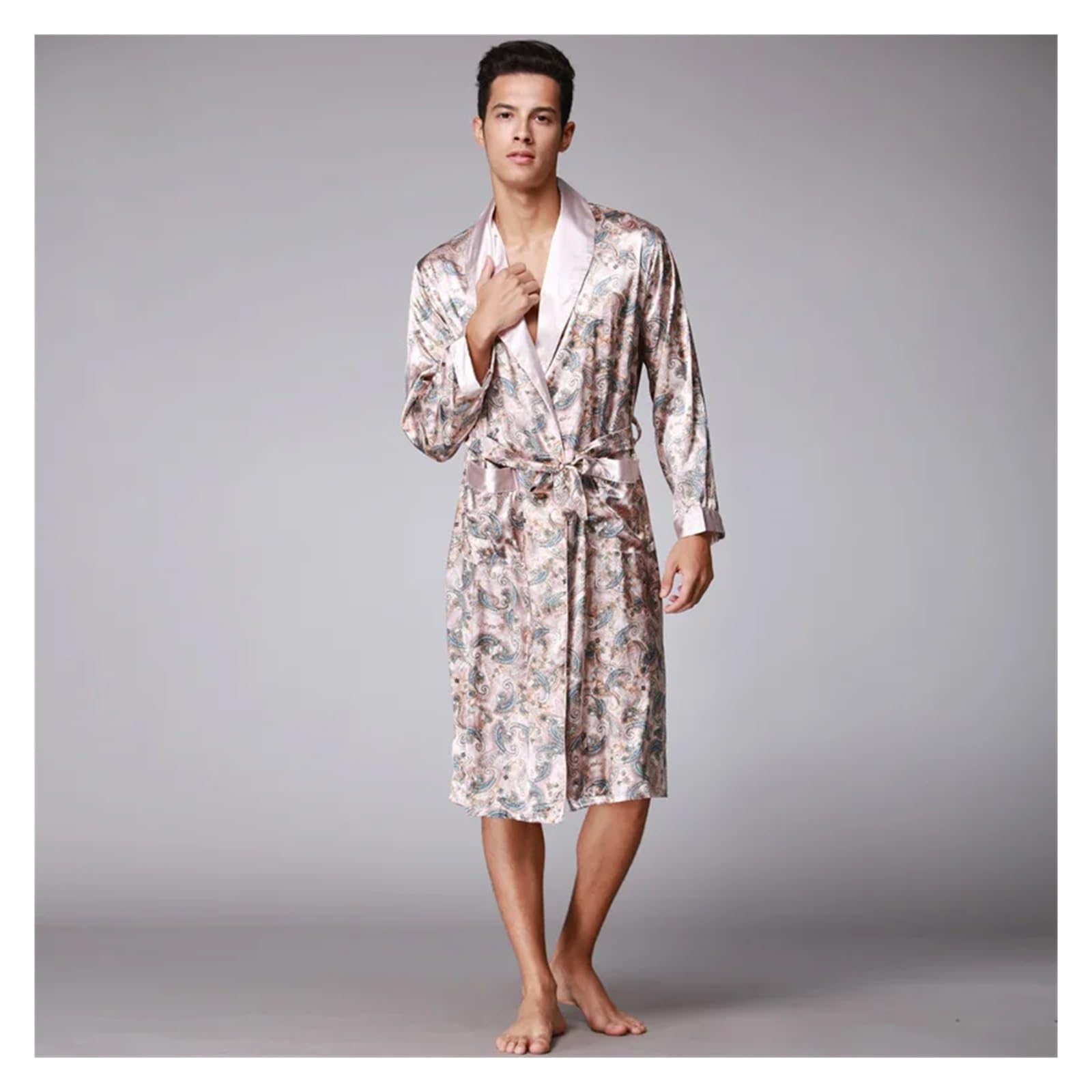Bata Hombre Seda, Ropa De Dormir De Seda Satinada, Bata De Baño De Verano, Pijama De Manga Larga, Bata De Dormir, Pijama Sleepwar Hombre para SPA (Coffee, XXL)