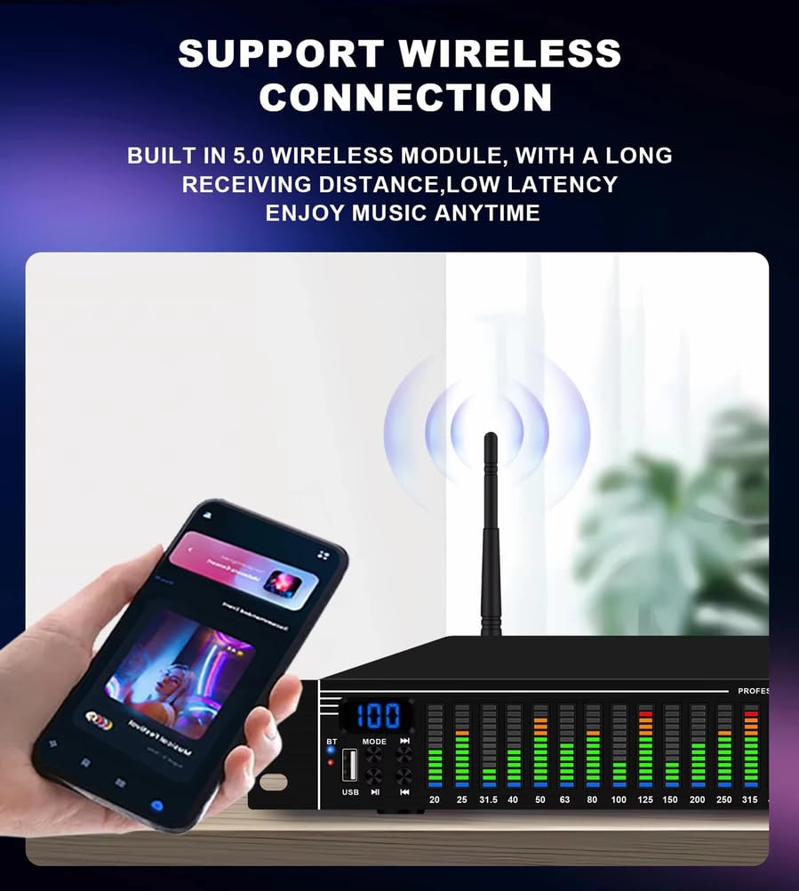 Ecualizador Digital EQ31SUB Sintonizador de 31 Bandas Procesamiento de Audio con reducción de Ruido de Escenario Profesional Ecualizador gráfico estéreo con Pantalla LED de Espectro