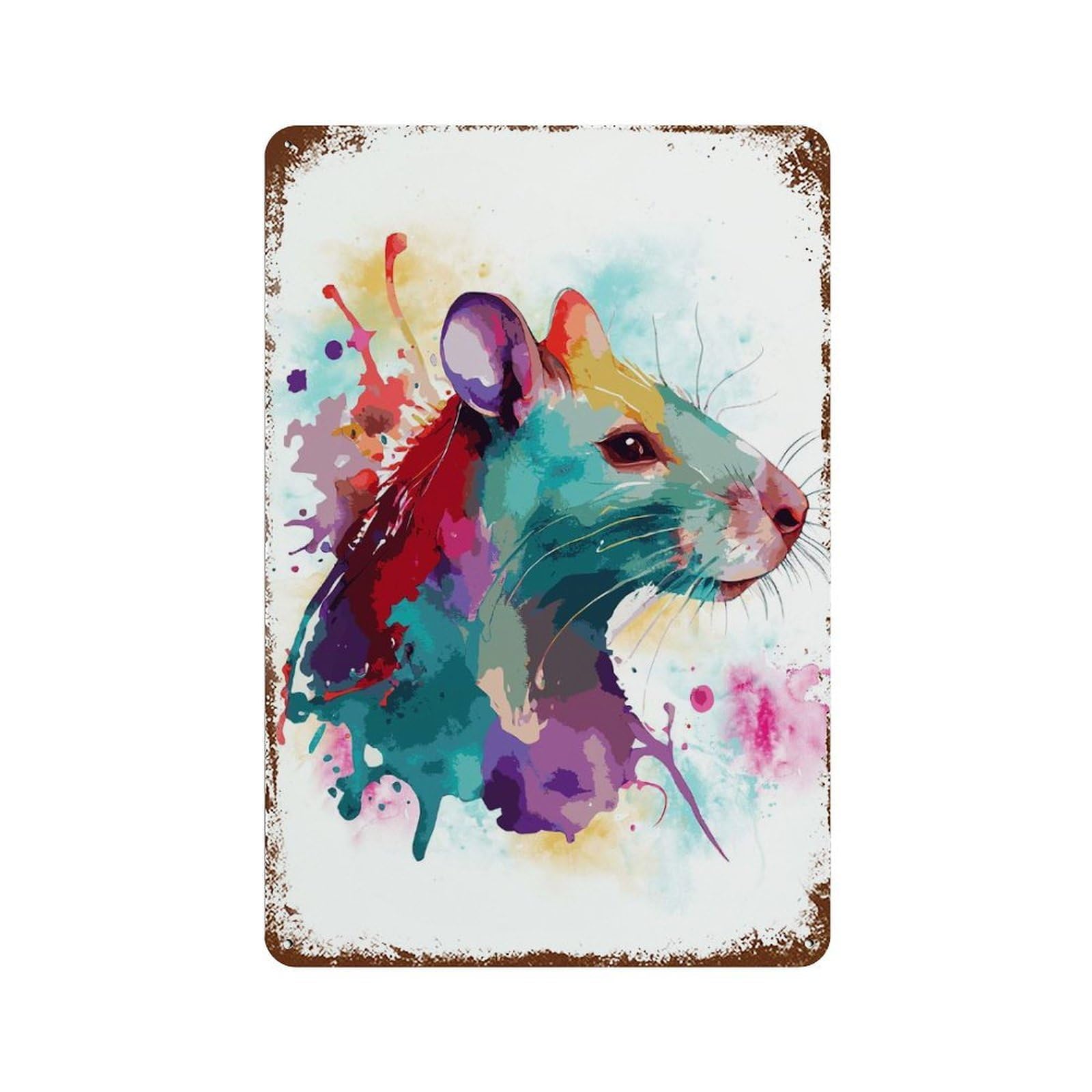 Cute Watercolor Pet Rat Rust Effect Tin Sign 11.8"x7.9", Farmhouse Wall Decor for Farmhouse, Kitchen And Entryway Decor