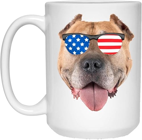 Divertido American Bully rojo con la bandera americana gafas de sol taza de café blanco 15oz