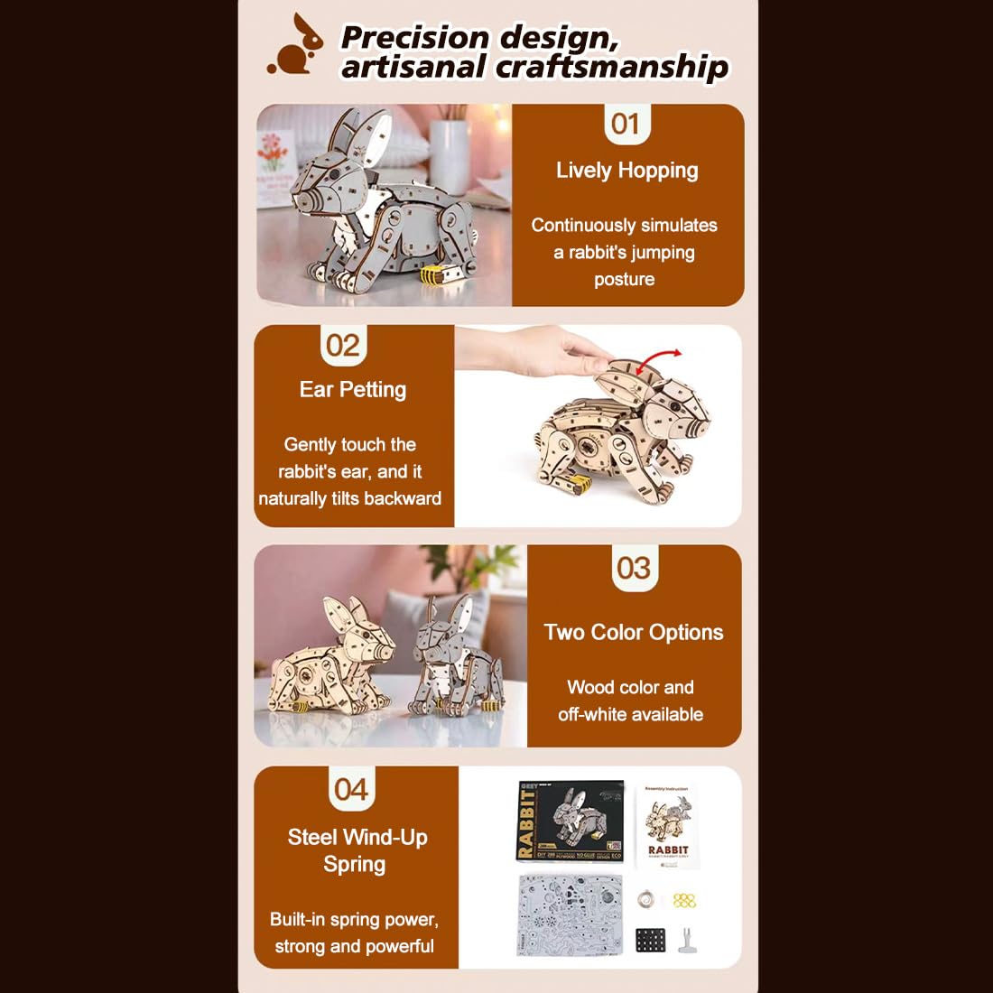 Puzzle 3D en bois à monter soi-même pour adultes – 288 pièces modèle de lapin sautant à remonter avec action de saut à ressort et oreilles interactives, cadeau de collection d'affichage (blanc)