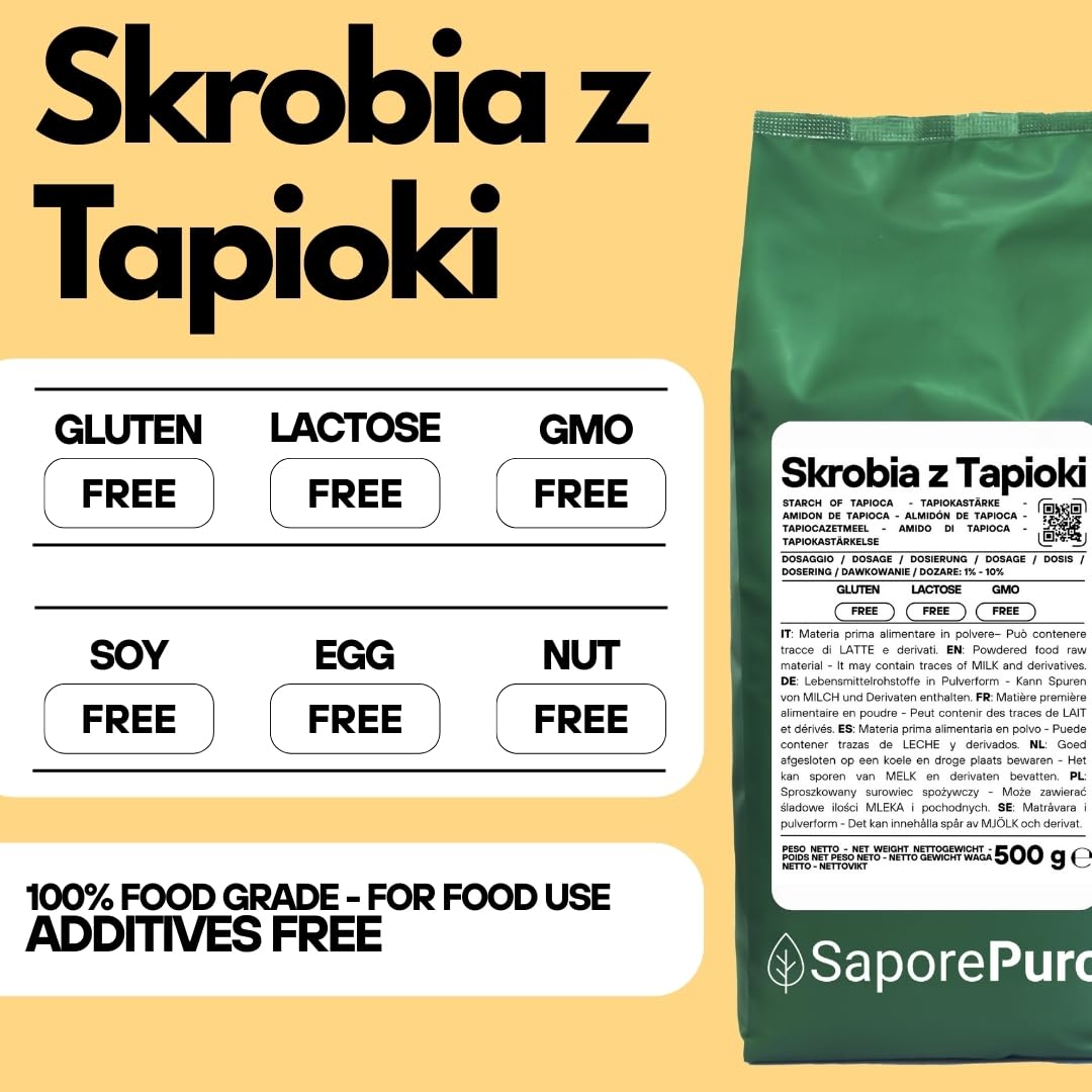 SaporePuro Skrobia Tapiokowa 500 g – Bez Glutenu – Naturalny Zagęstnik do Kremów, Sosów, Deserów i Potraw