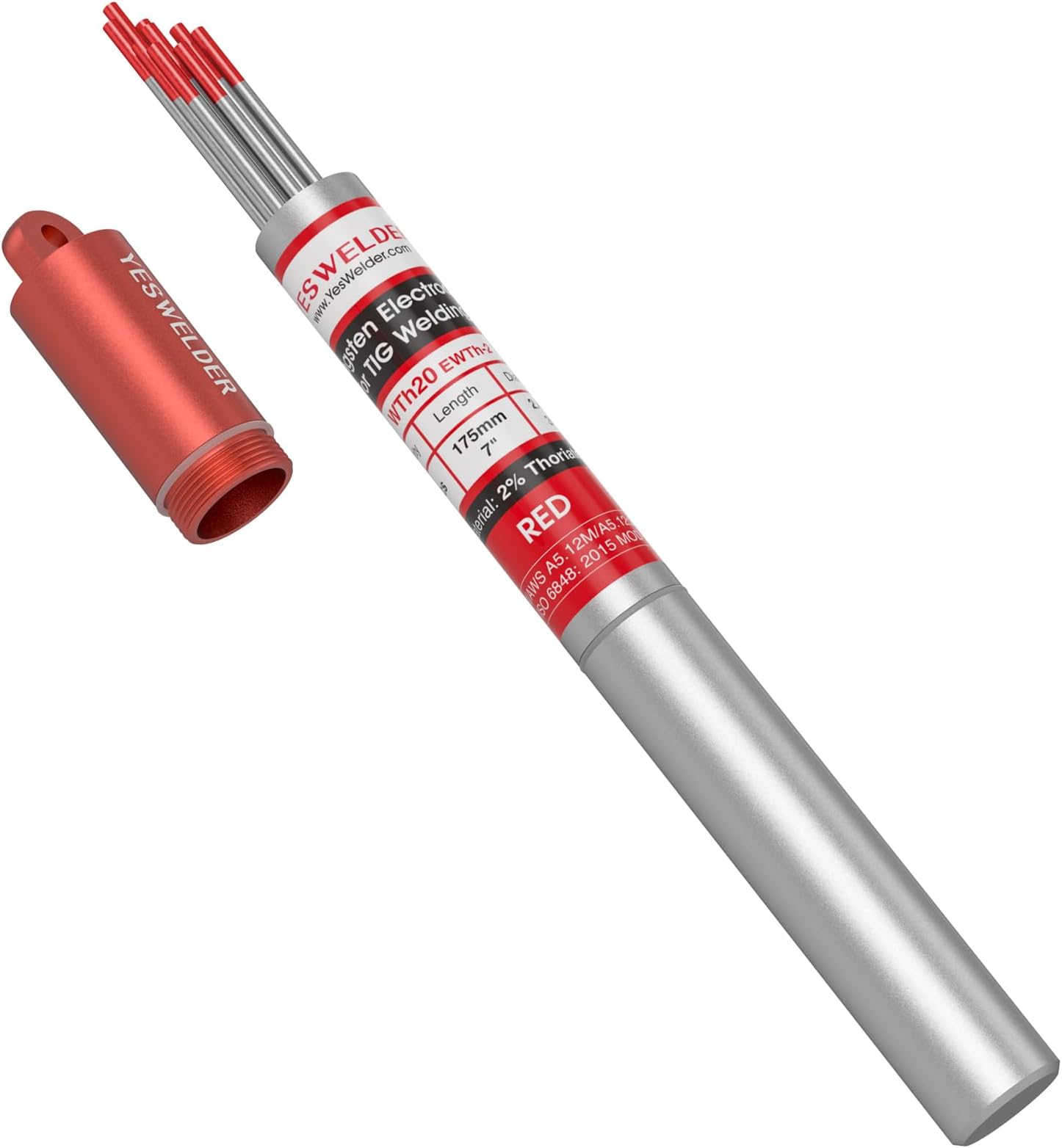YESWELDER TIG Welding Tungsten Electrode Red Tip 3/32" x 7" (Red, WT20/EWTh-2) 10-pk