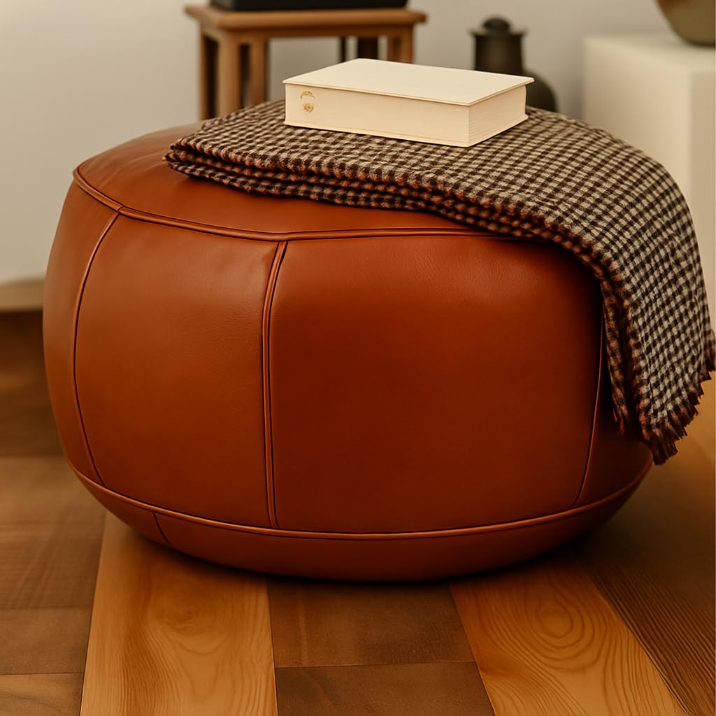 Pouf Realizzato a Mano in Vera Pelle Marocchina - Comodo per Adulti e Bambini, Rotondo, Poggiapiedi 45 x 35 cm (Vuoto)