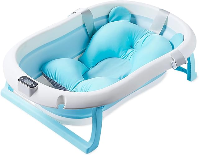 SONARIN Foldable Baby Bathtub with Temperature Sensing,Collapsible Bath Tub,Portable Safe Shower Basin with Cushion Pad Water Plug Non-Slip Support Leg for Newborn,Toddler,Infant(Blue)