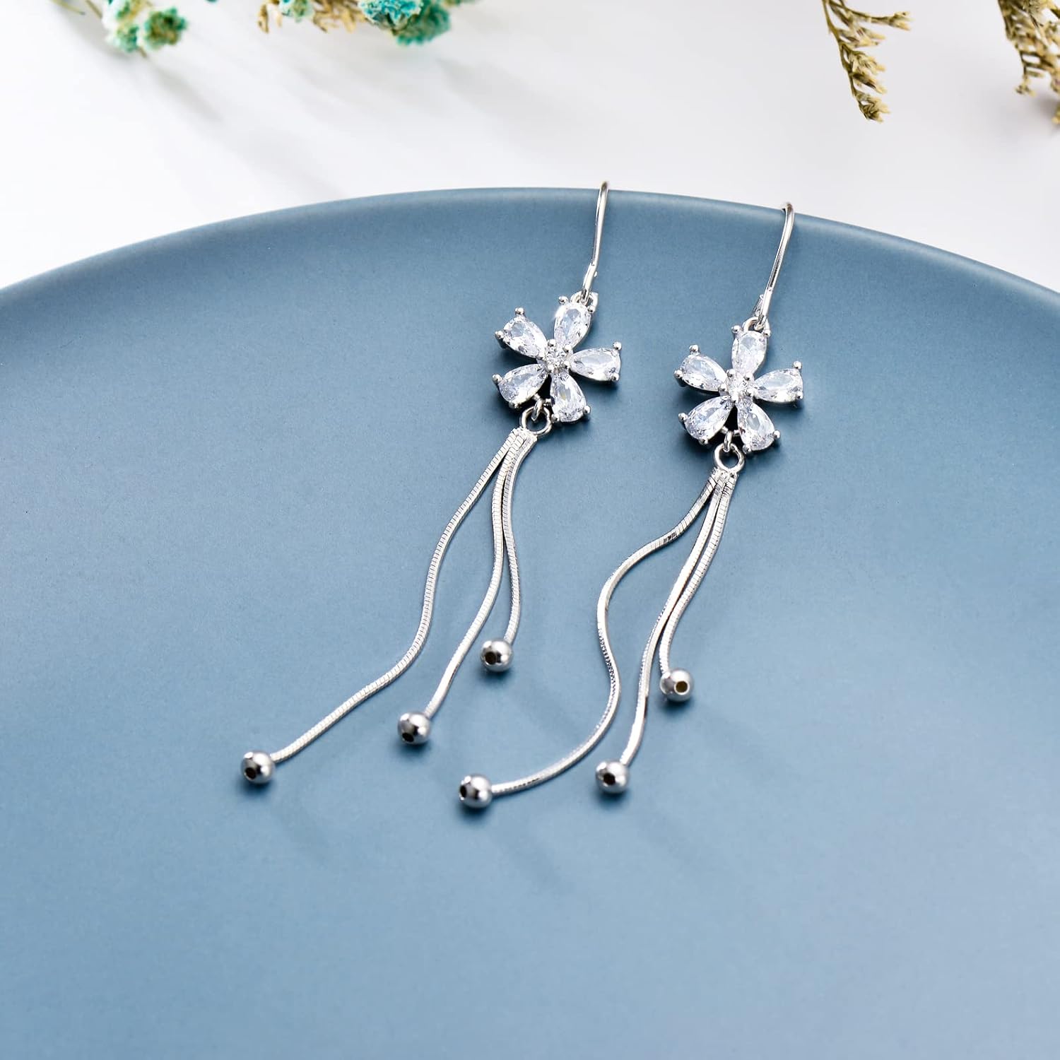 Sterling Silver Threader Earrings with Crystal Cubic Zirconia Flower Star Heart Butterfly Tassel Long Charm Drop Dangle Earrings Jewelry Gifts for Women Girls - Image 2