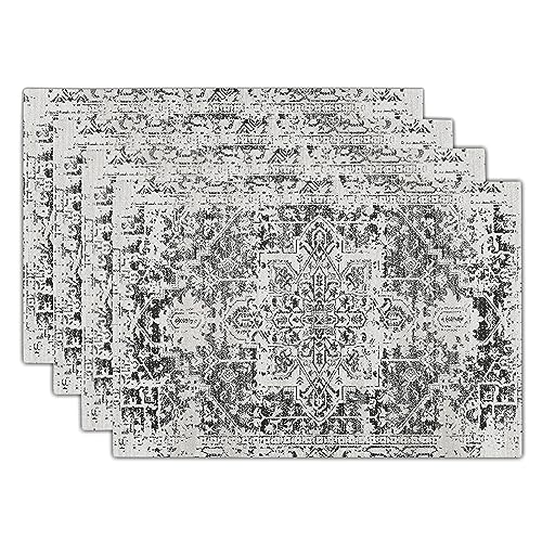 Image of Gray Black Boho Placemats Set of 4 Ethnic Bohemian Carpet Place Mats Washable Kitchen Dining Vintage Grey Geography Floral Linen Table Mats Stain Heat-Resistant Cloth Tabel for Home Party 12x18 in