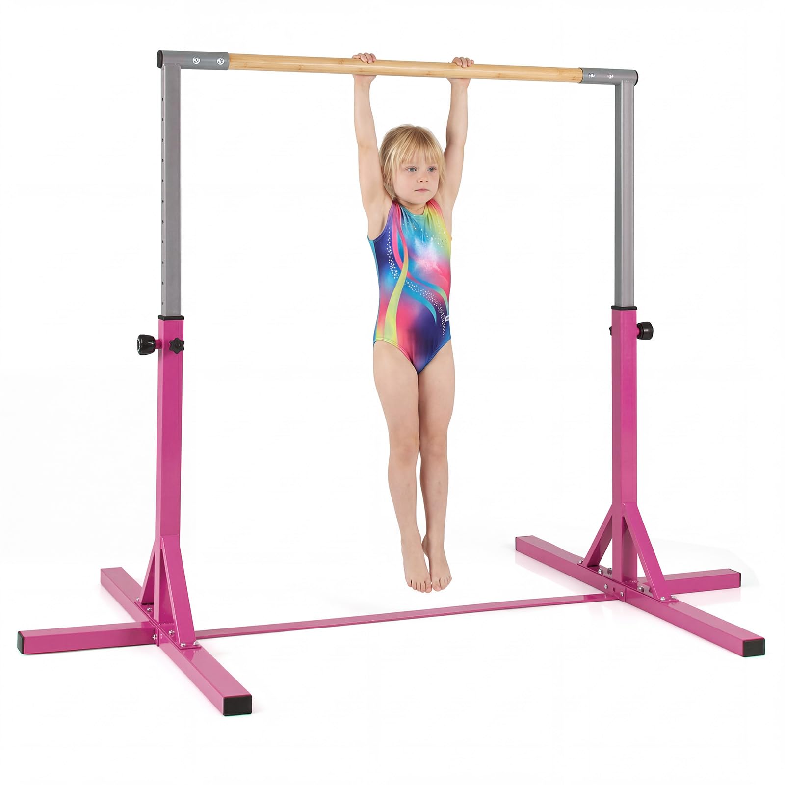 COSTWAY Sbarra per Ginnastica e Danza per Bambini, Barra in Metallo e Bambù Regolabile in Altezza 85-145 cm, Portatile con Cuscinetti Antiscivolo