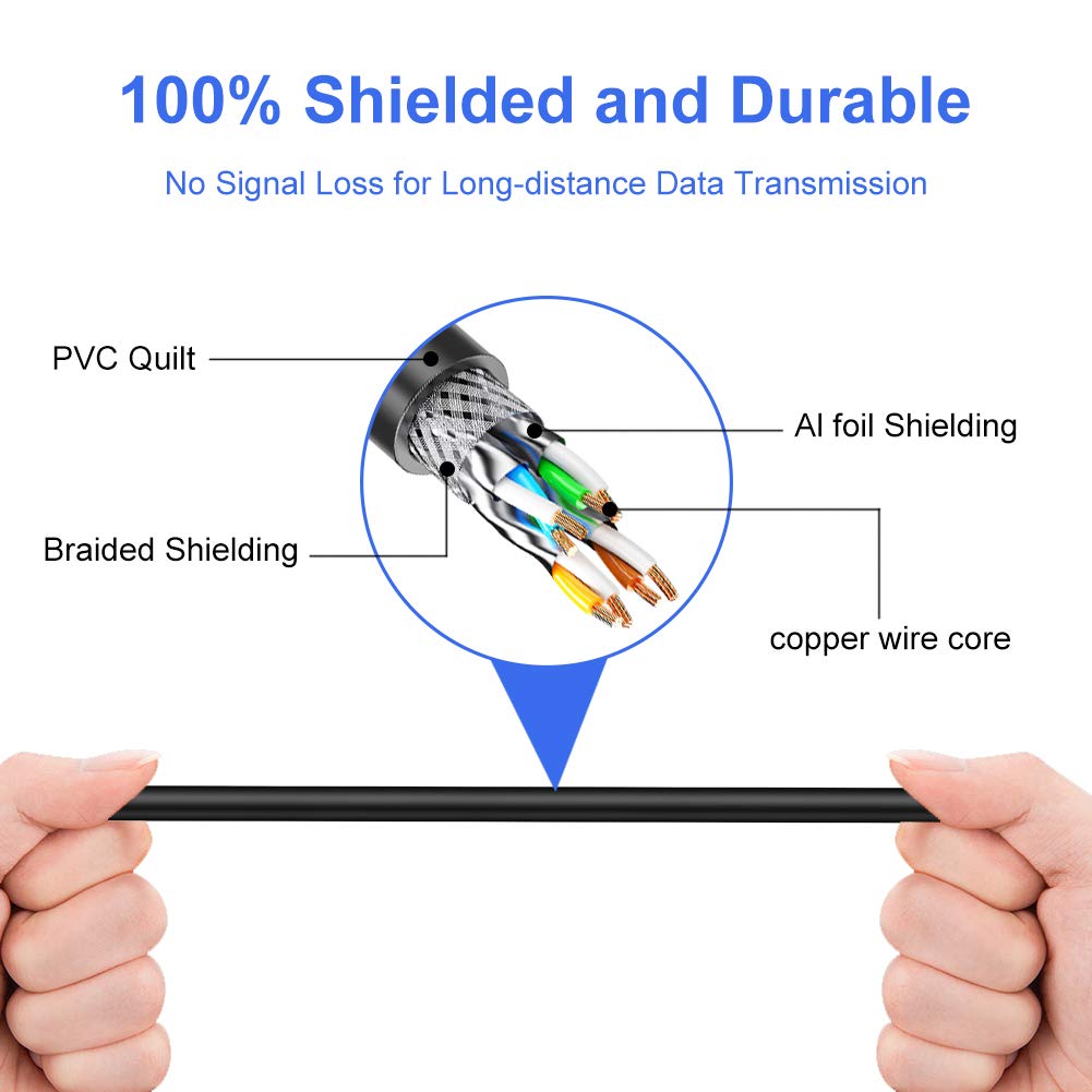 Outdoor Cat 7 Câble Ethernet, Yeung Qee Cat7 Câble Ethernet RJ45 Câble LAN réseau Gigabit Patch Cord SSTP étanche Direct enterrement pour modem, routeur, Patch Panel, PC, ordinateur portable 165ft/50m