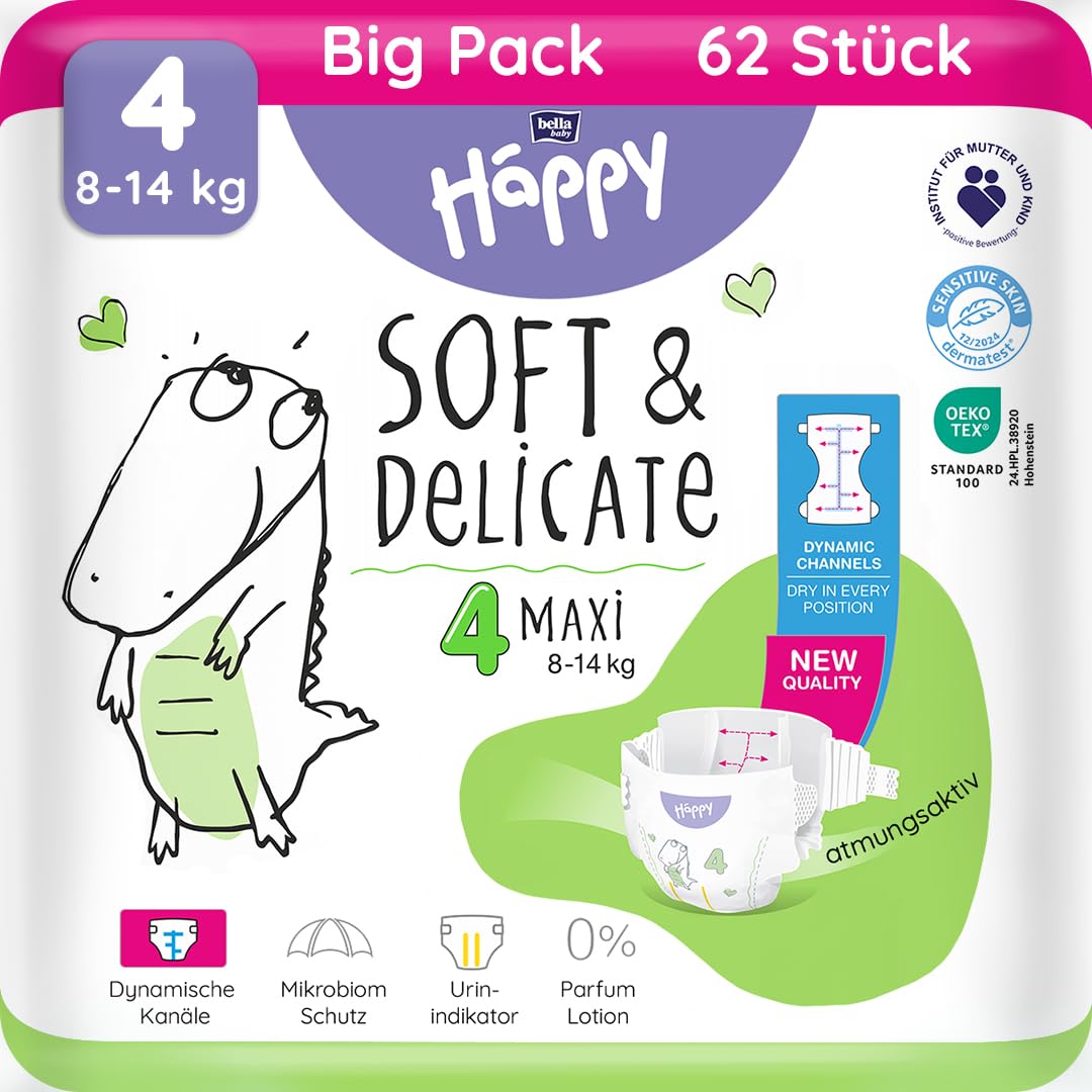 bella baby Happy Premium Windeln Größe 4 Maxi 8-14 kg 62 Stück, DERMATEST & OEKO TEX Siegel, Babywindeln Einweg