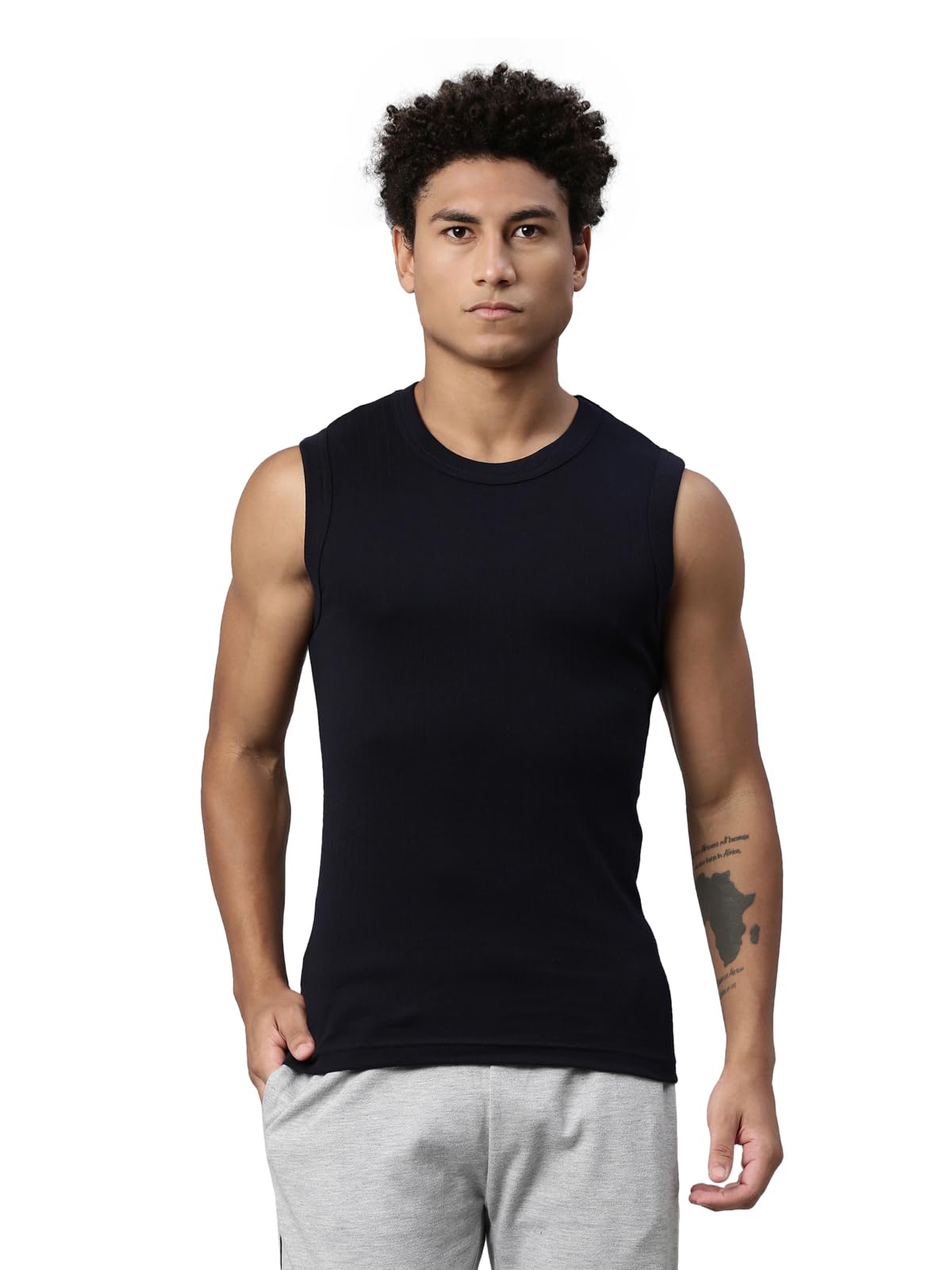 014 Men's Rib Pure Cotton Solid Gym Vest - Crew-Neck, Sleeveless Side Branding, Snug fit with Easy Tucked (Pack of 1)